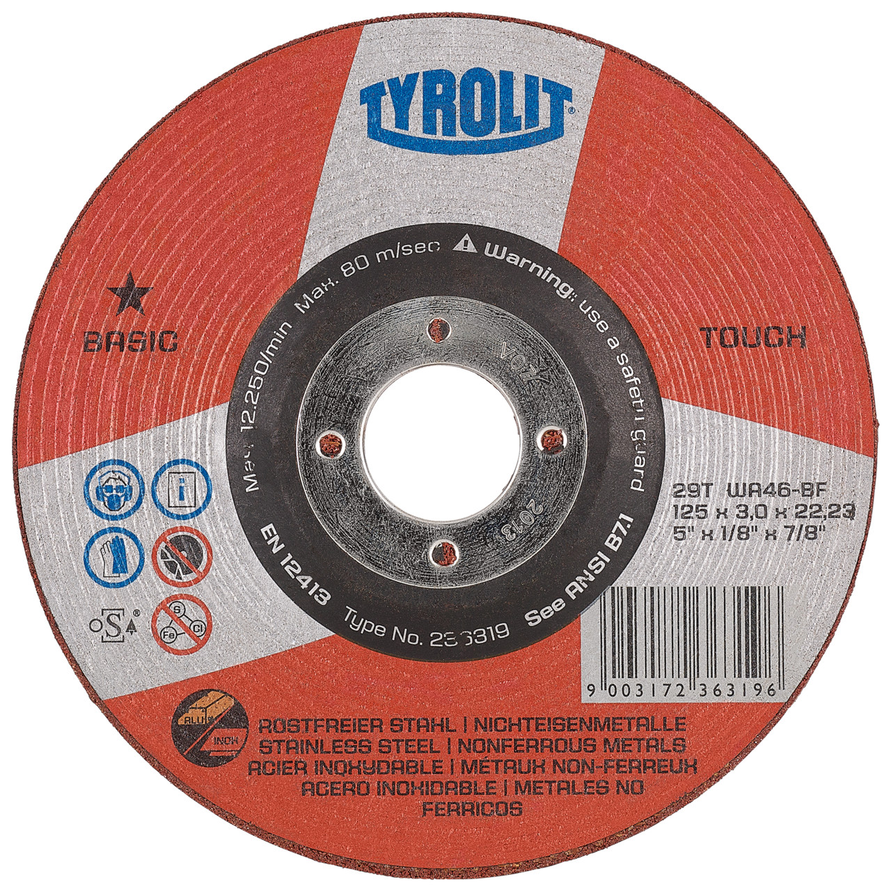 TYROLIT Disque abrasif DxH 115x22,23 TOUCH pour acier inoxydable et métaux non ferreux, forme : 29T - version déportée, Art. 236318