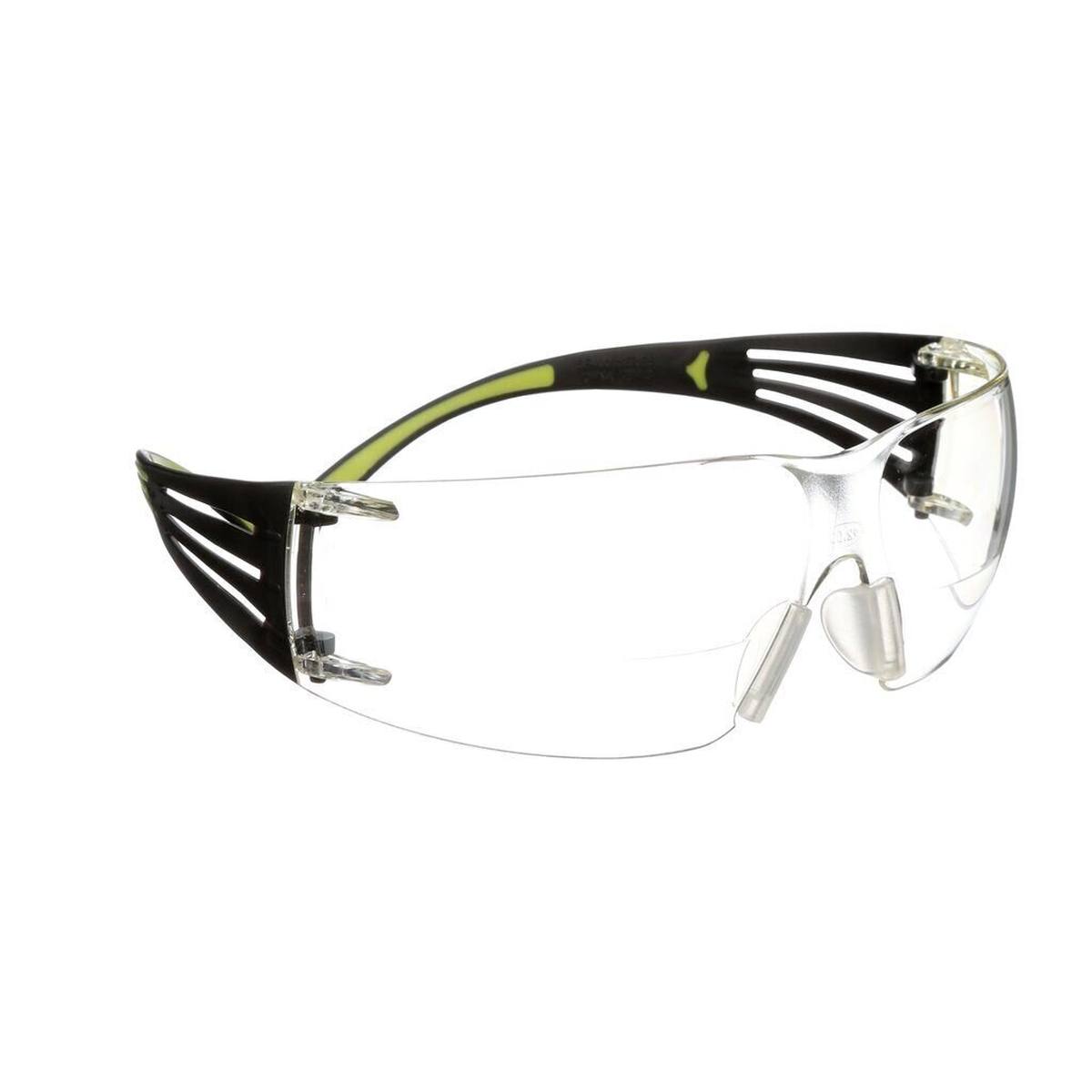 3M SecureFit 400 Reader Schutzbrille, schwarz/grüne Bügel, Antikratz-/Anti-Fog-Beschichtung, transparente Scheibe mit +2,0 Stärke, SF420AS/AF-EU