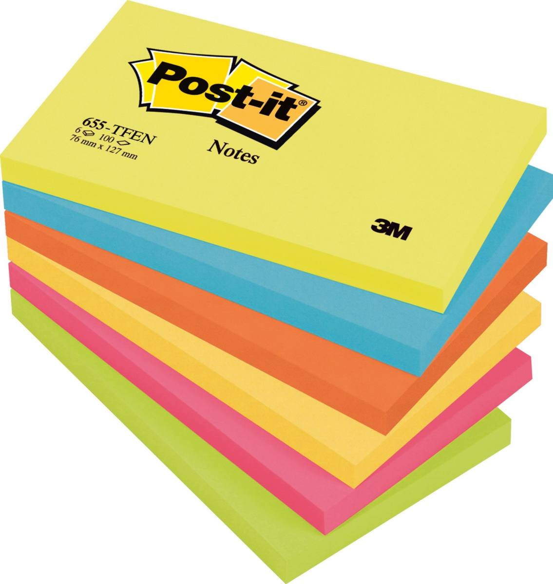 3M Post-it Note 655TFEN, 127 x 76 mm, verde neon, arancione neon, ultra blu, ultra giallo, ultra rosa, 6 blocchetti da 100 fogli ciascuno