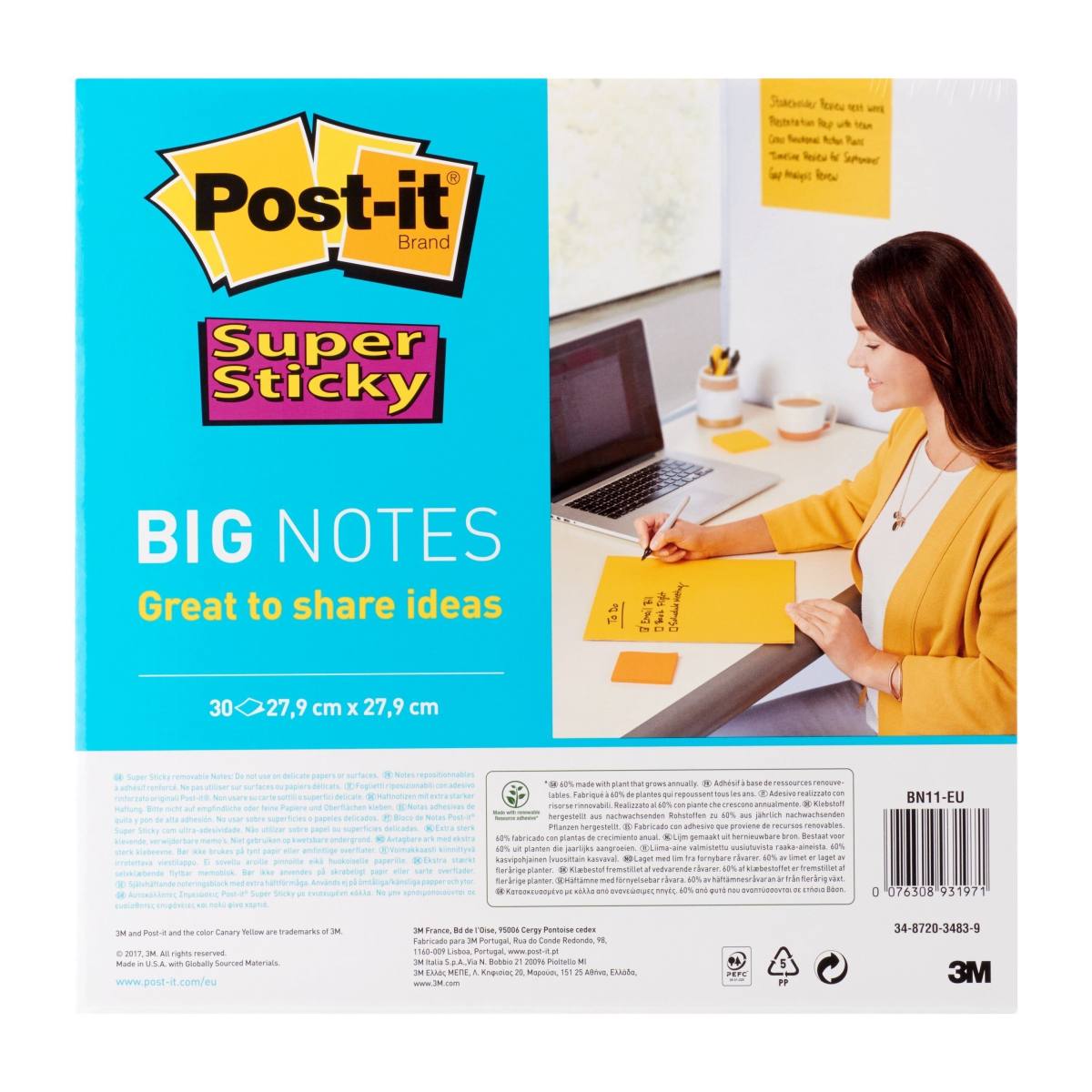 3M Post-it Super Sticky Big Notes BN11-EU, gelb, 27.9 cm x 27.9 cm, 30 Blatt