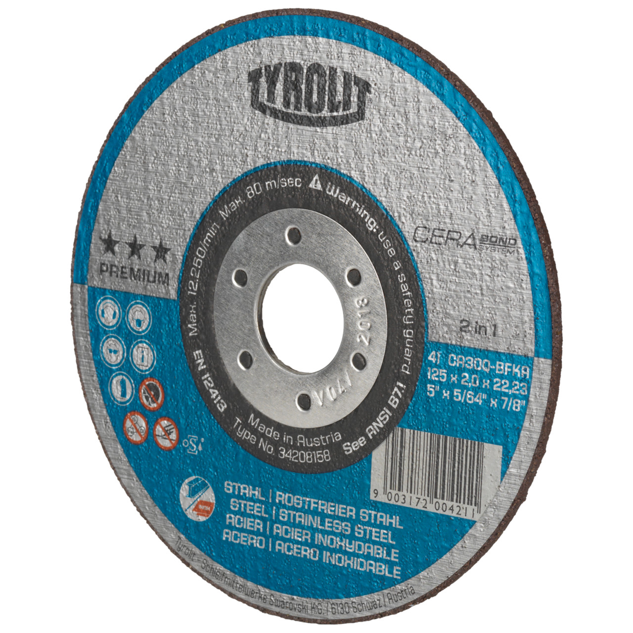 TYROLIT CERABOND Cutting disc DxDxH 115x1.6x22.23 2in1 for steel and stainless steel, shape: 41 - straight version, Art. 34256157