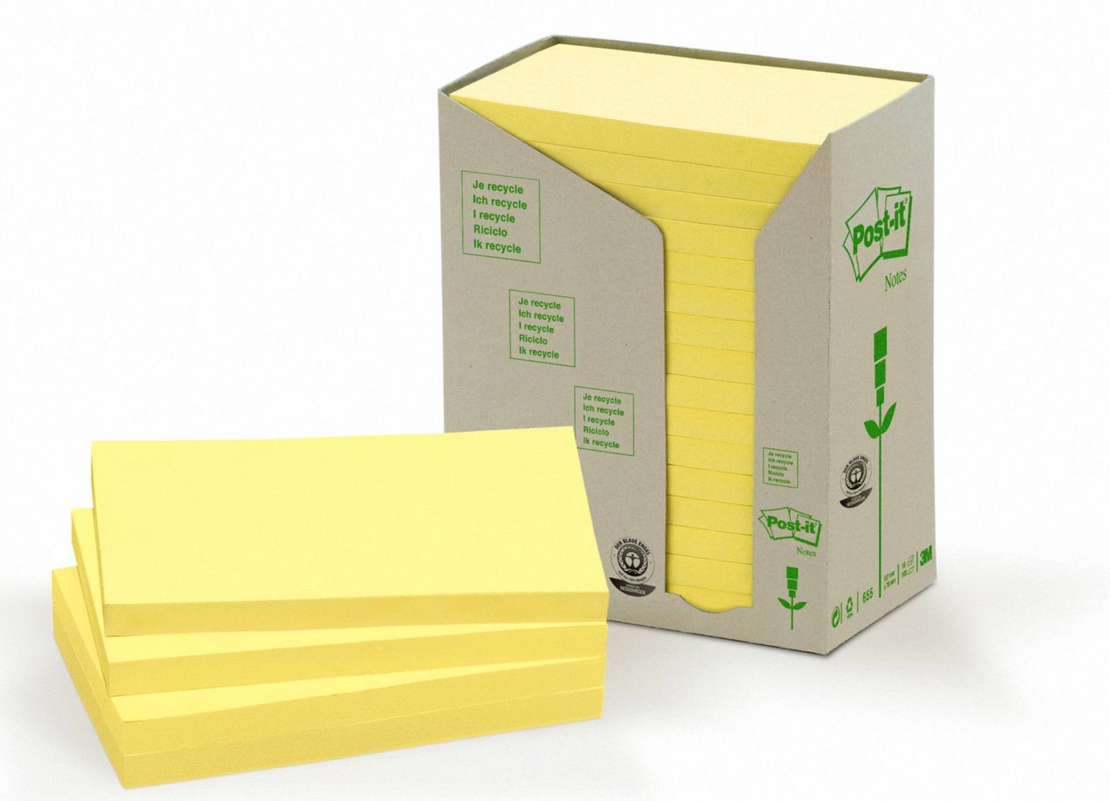 3M Post-it Recycling Notes 655-1T, 127 mm x 76 mm, jaune, 16 blocs de 100 feuilles