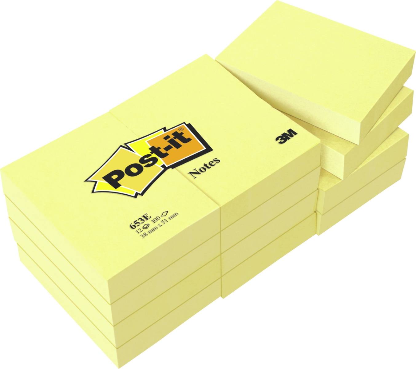 3M Post-it Biljetten 653E, 51 mm x 38 mm, geel, 12 blocnotes van elk 100 vel