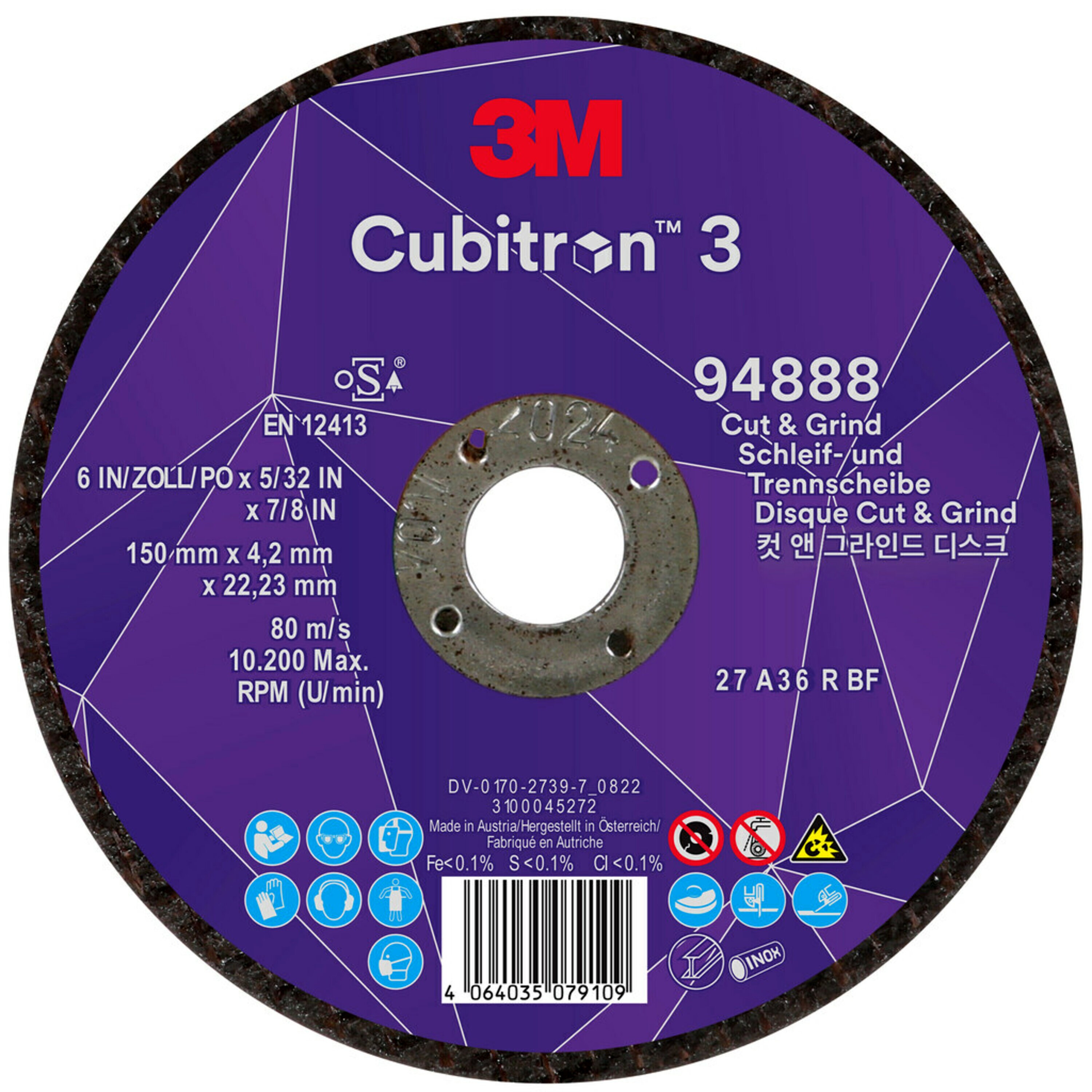 3M Cubitron 3 Cut & Grind Schruppscheibe, 150 mm, 4,2 mm, 22,23 mm, 36+, Typ 27 #94888