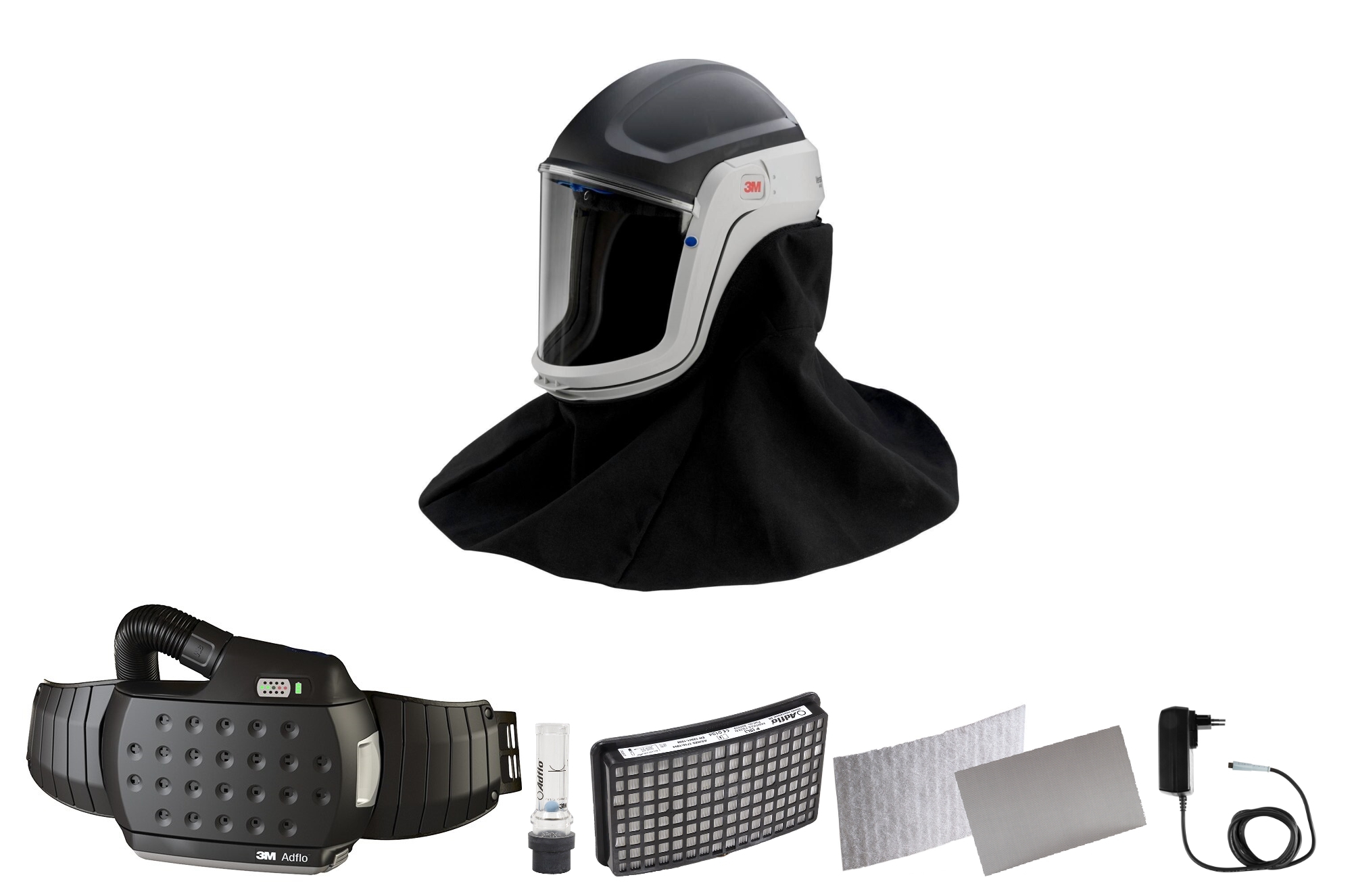 3M Speedglas Versaflo safety helmet M407 with flame-retardant neck and shoulder cover with Adflo blower respirator with QRS air hose, adapter, air flow meter, pre-filter, spark arrester, particle filter, lithium-ion battery and charger