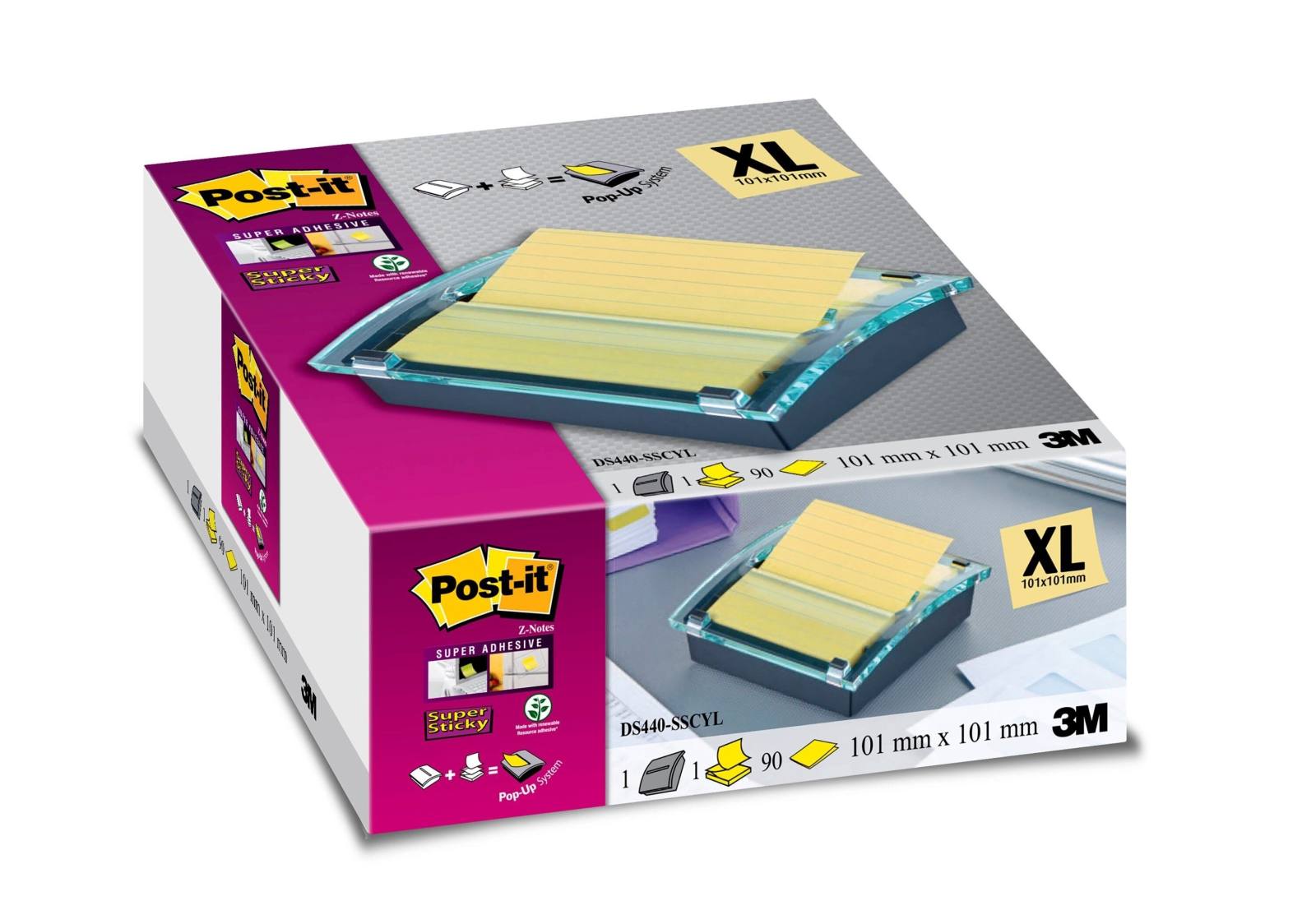 3M Post-it Super Sticky Z-Notes distributeur DS440SCY, 1 distributeur de Z-Notes, noir/transparent y compris 1 bloc de Post-it Super Sticky Z-Notes à 90 feuilles, jaune, ligné, 101 mm x 101 mm, certifié PEFC