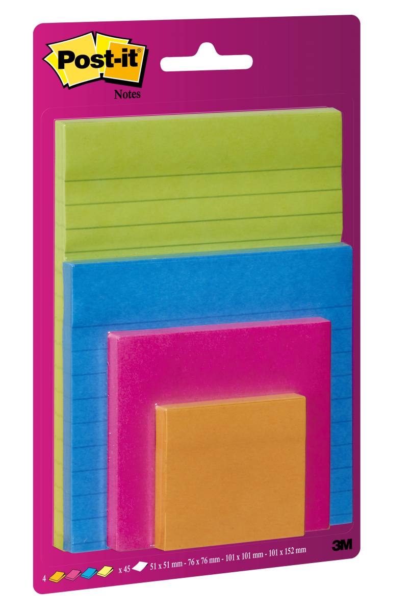 3M Post-it Super Sticky Notes 4622-OPBG, différentes tailles, différentes couleurs, 4 blocs à 45 feuilles