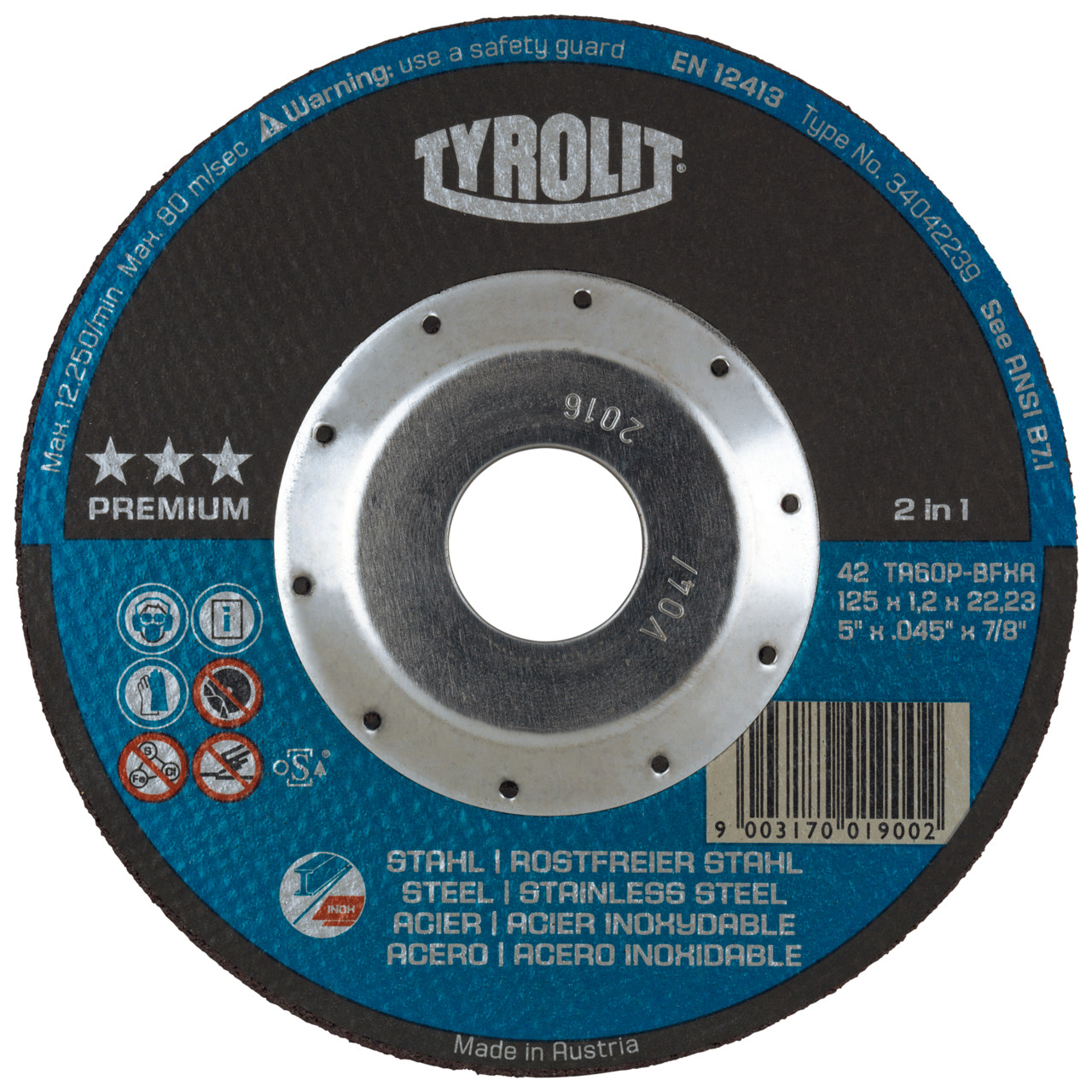 Tyrolit Discos de corte DxUxH 125x1,2x22,23 Discos de corte superfinos para acero y acero inoxidable, forma: 42 - versión offset, Art. 34472852