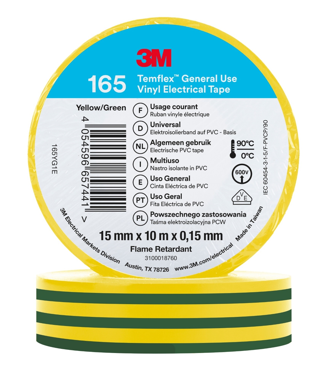 3M Temflex 165 vinyl electrical insulation tape, green/yellow, 15 mm x 10 m, 0.15 mm