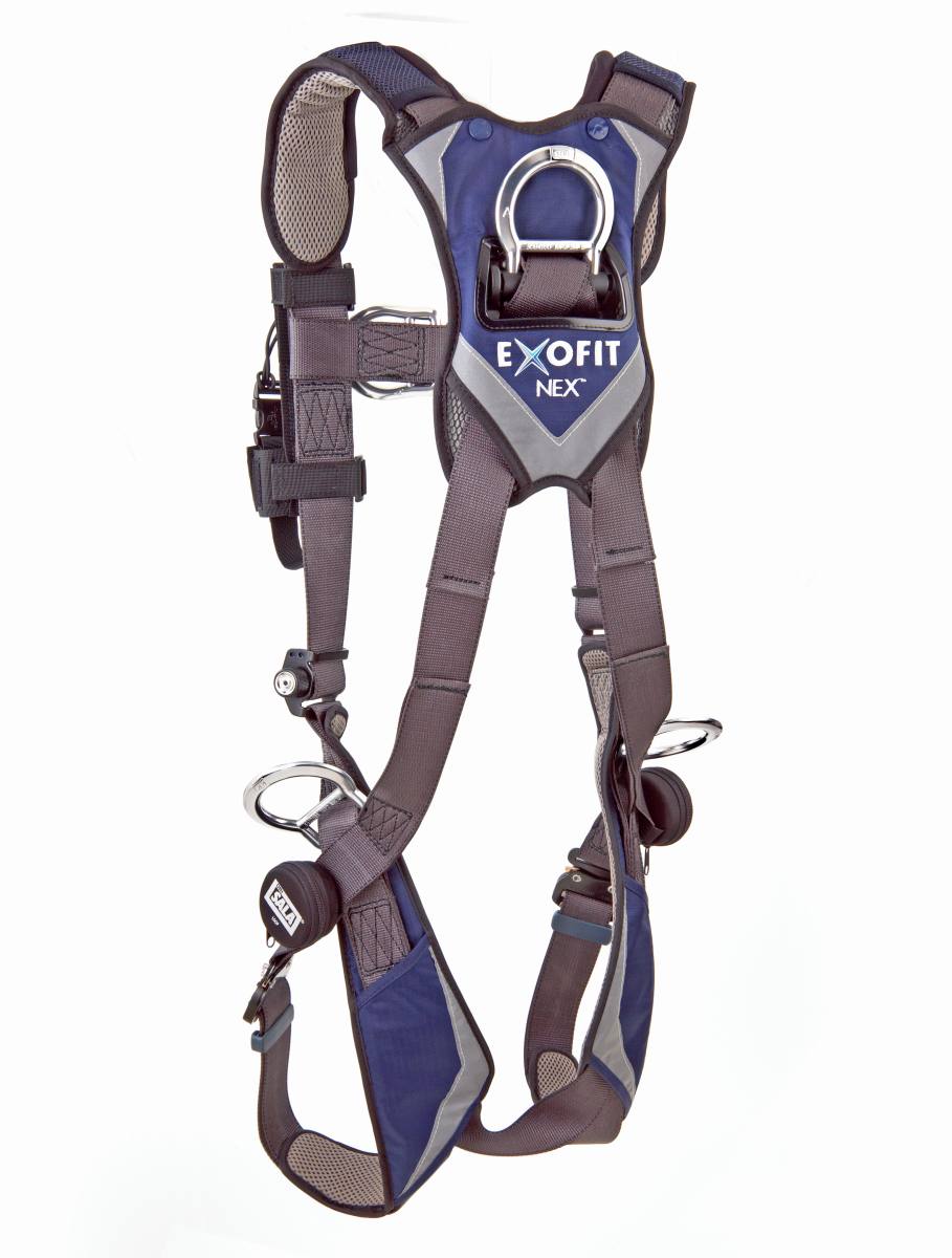 3M DBI-SALA ExoFit NEX Wind harness - Tech-Lite chest and rear fall arrest eyelets, retaining eyelets, Duo-Lok automatic quick-release buckles, dust and water-repellent webbing, 3M Connected Safety-ready RFID tag for inspection, S