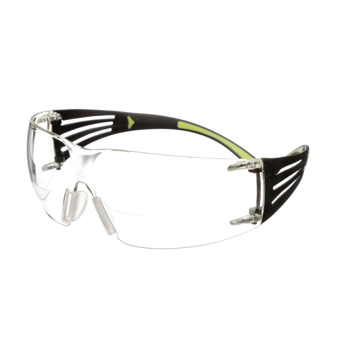 occhiali di sicurezza 3M SecureFit 400 Reader, aste nere/verdi, rivestimento antigraffio/antiappannamento, lenti chiare con resistenza +2.0, SF420AS/AF-EU