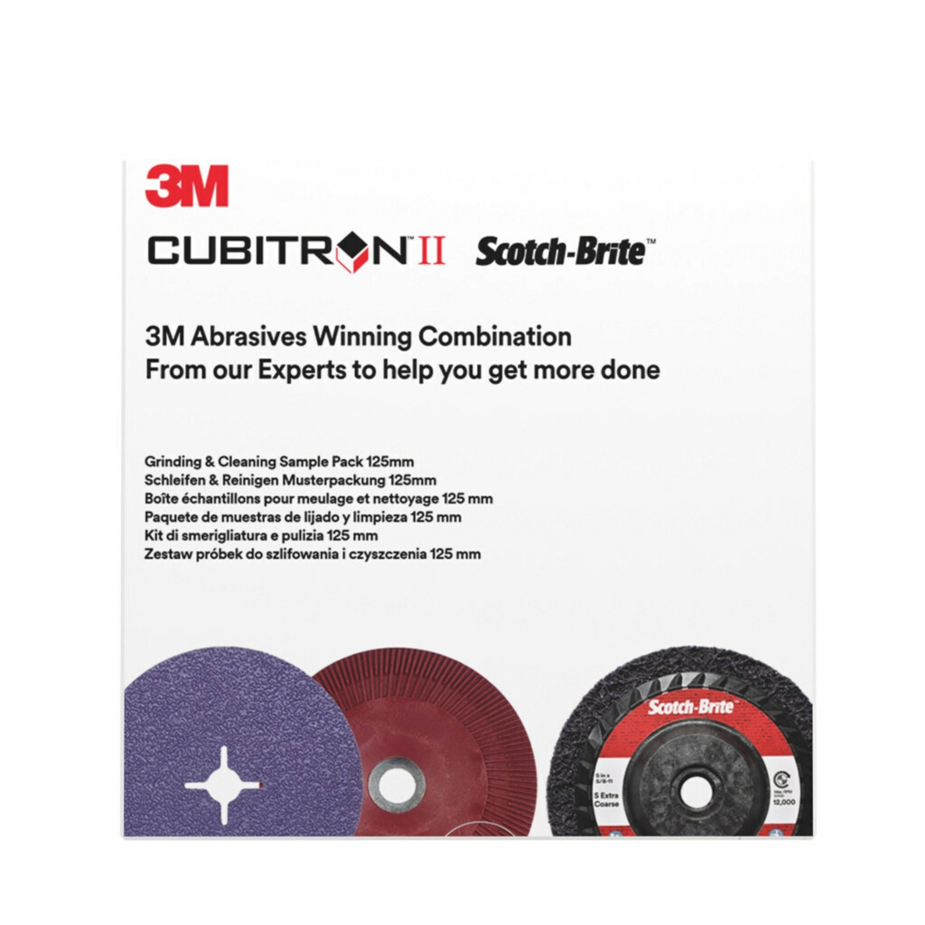 3M sanding and cleaning set, 3x 125 mm 3M Cubitron II fiber disc 982CX P36 and 1x Scotch-Brite Clean and Strip XT Pro S coarse cleaning disc 125 mm, with 1x high-performance fiber disc backing pad