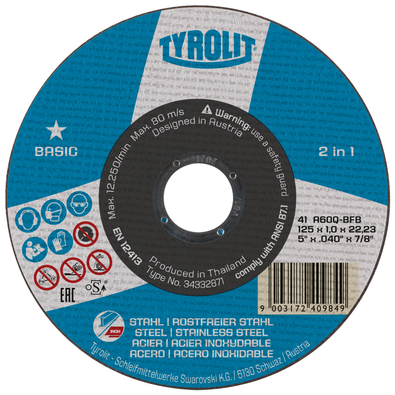 Tyrolit Cutting discs DxDxH 115x1.6x22.23 2in1 for steel and stainless steel, shape: 41 - straight version, Art. 34332872