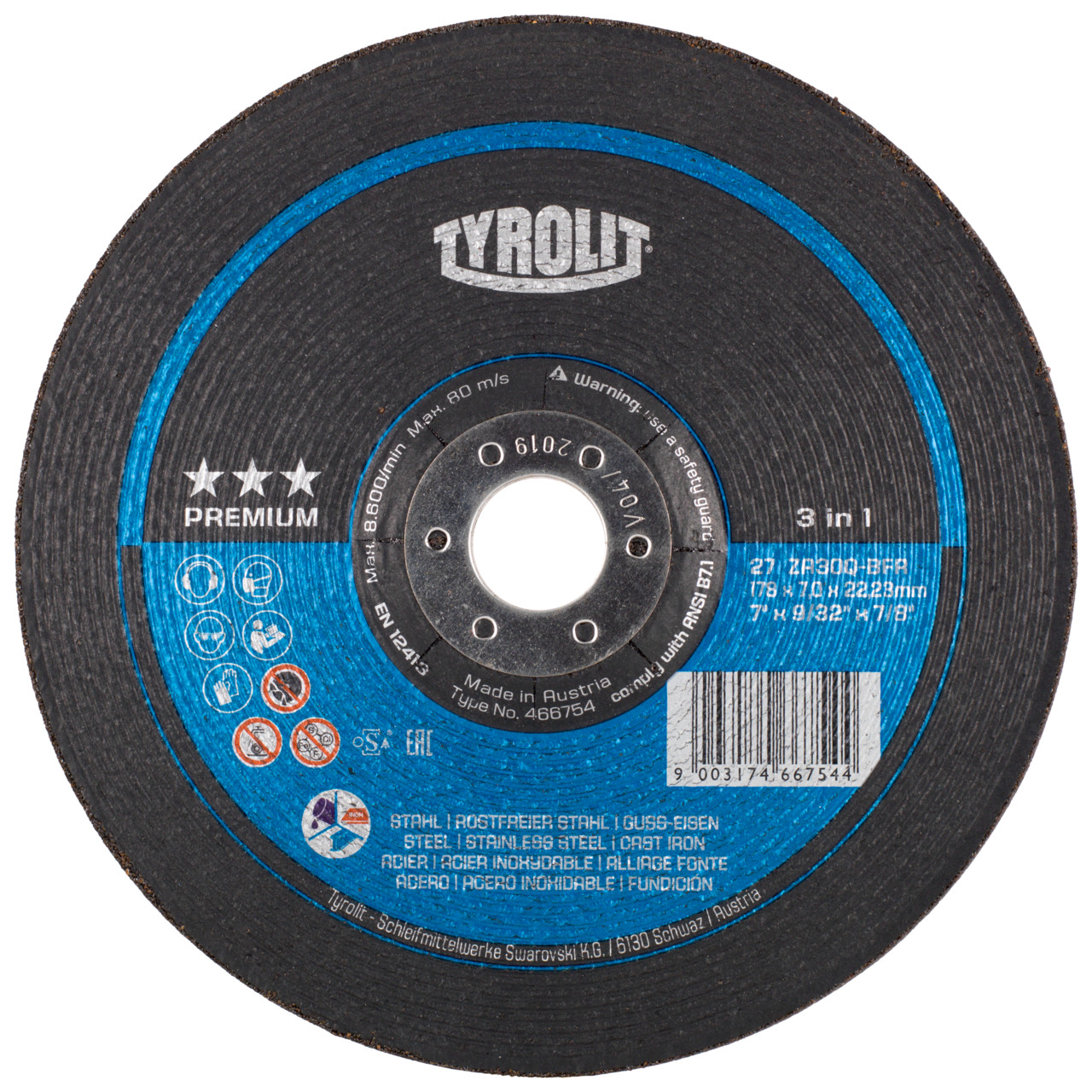 Tyrolit Roughing disc DxUxH 230x7x22.23 3in1 for steel and stainless steel and cast iron, shape: 27 - offset version, Art. 466762