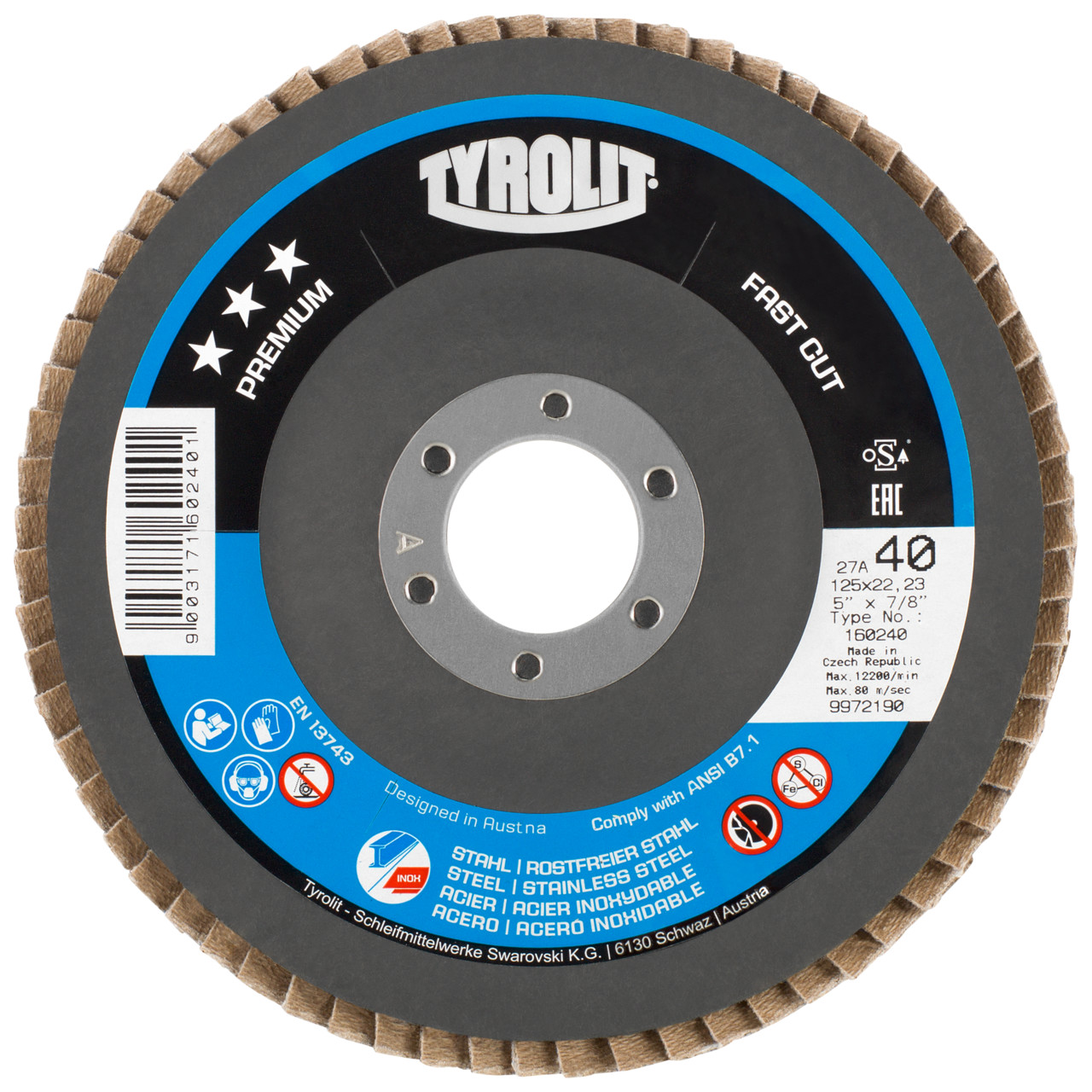Tyrolit Serrated lock washer DxH 115x22.2 FASTCUT for steel &amp; stainless steel, P60, shape: 27A - offset version (glass fibre carrier body version), Art. 160230