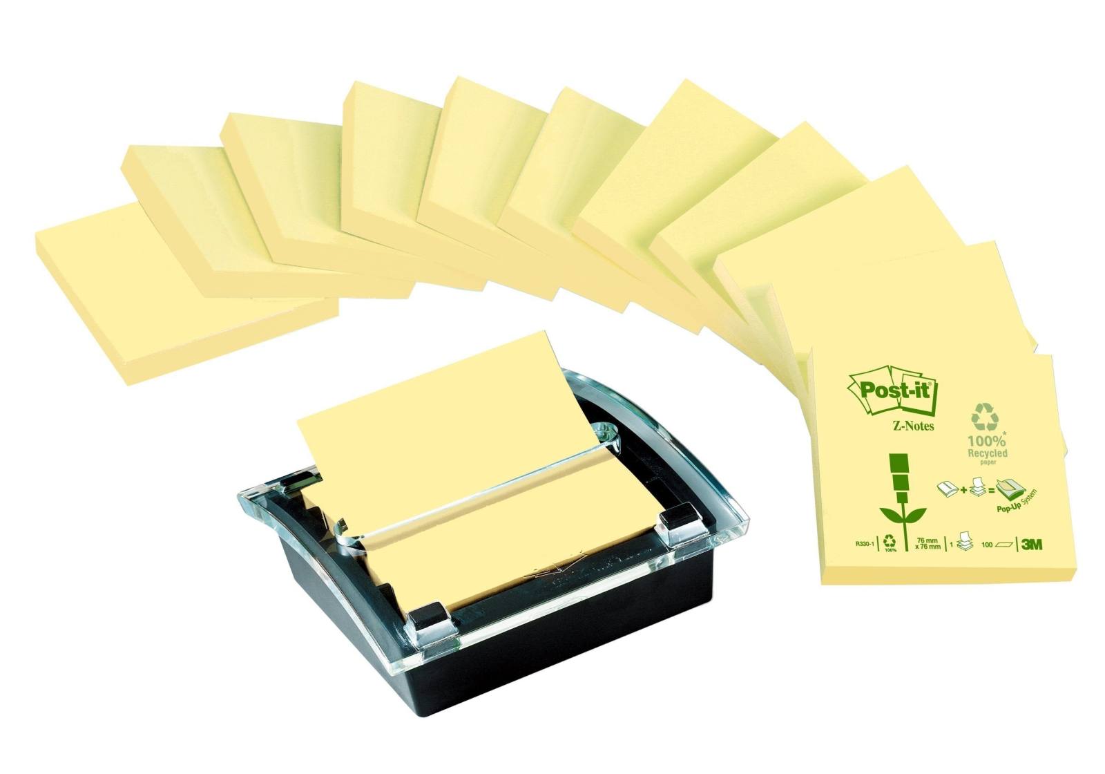 3M Post-it Dispensador de Z-Notes de reciclaje C2014Y12, 107 mm x 40 mm x 105 mm, negro/transparente, 1 dispensador de Z-Notes, 12 blocs de 100 hojas cada uno