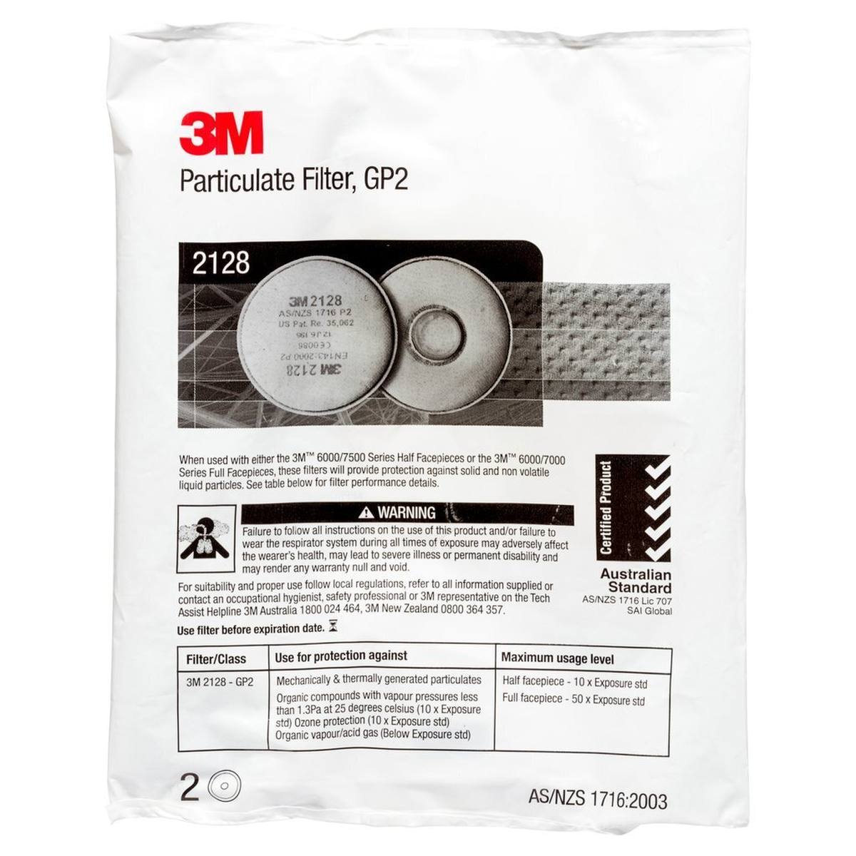 3M 2128 P2R particle filter with activated carbon with additional protection against organic and acid gases and vapors below the limit value and ozone