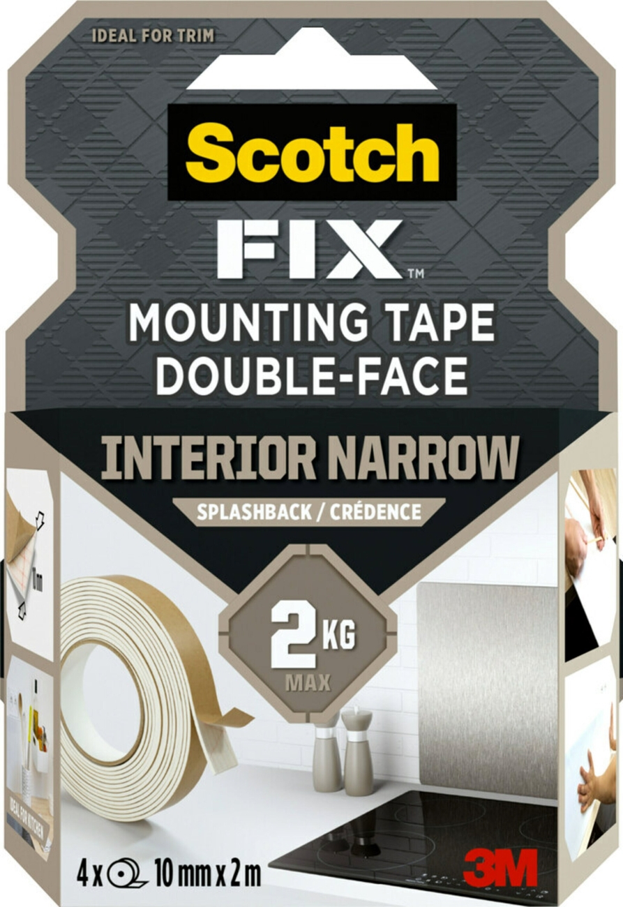 3M Scotch-Fix-kiinnitysteippi roiskesuojille 914139-1020SE-P, 10 mm x 2 m, 4 rullaa / pakkaus, Kestää 2 kg:n painon asti