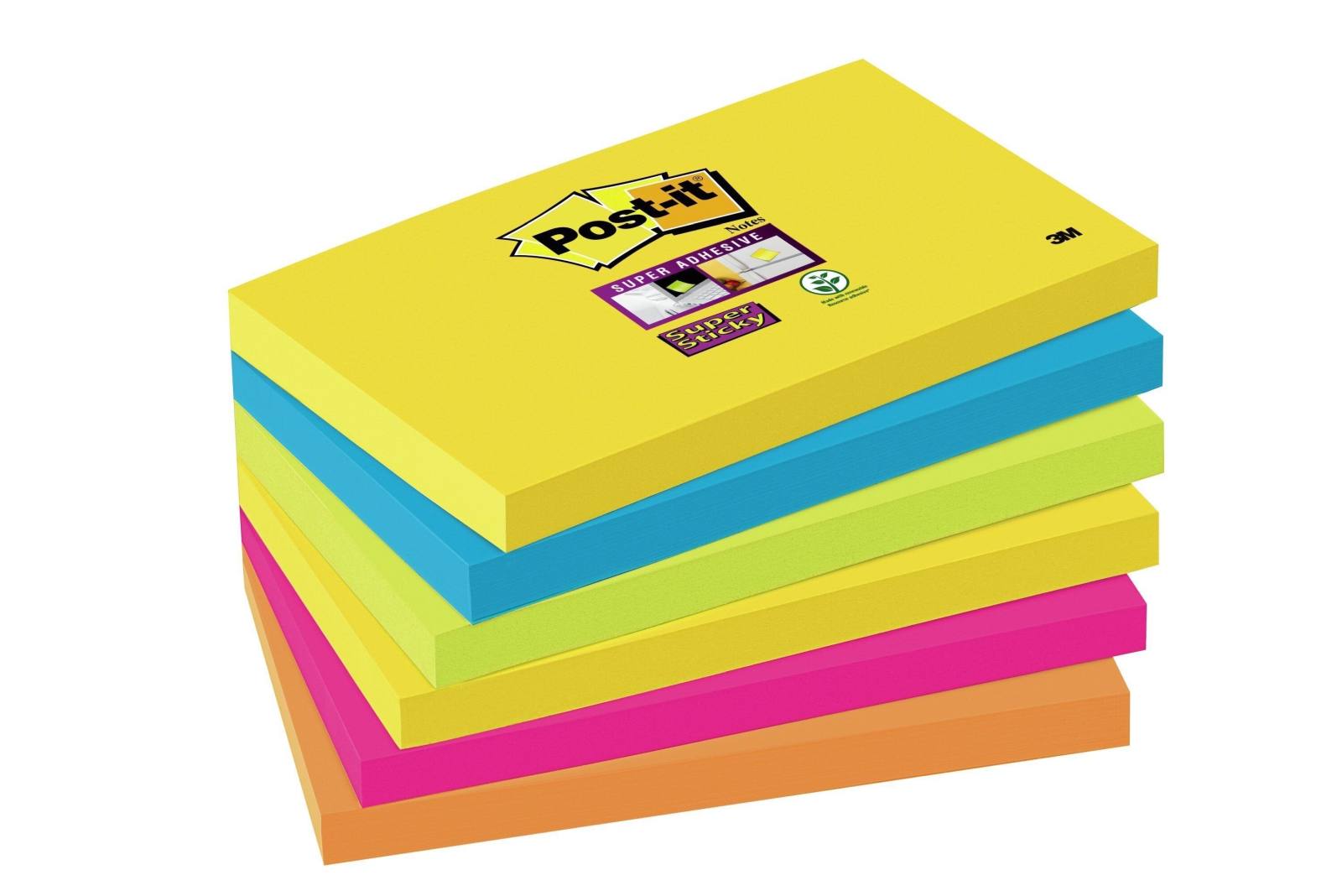 3M Post-it Super Sticky Notes 6556SR, 76 mm x 127 mm, vert fluo, orange fluo, bleu ultra, jaune ultra, rose ultra, 6 blocs de 90 feuilles