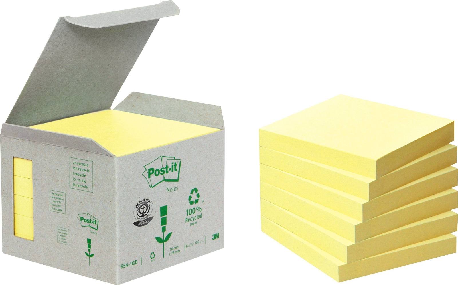 3M Post-it Recycling Notes 6541B, 76 mm x 76 mm, geel, 6 blokken van elk 100 vellen