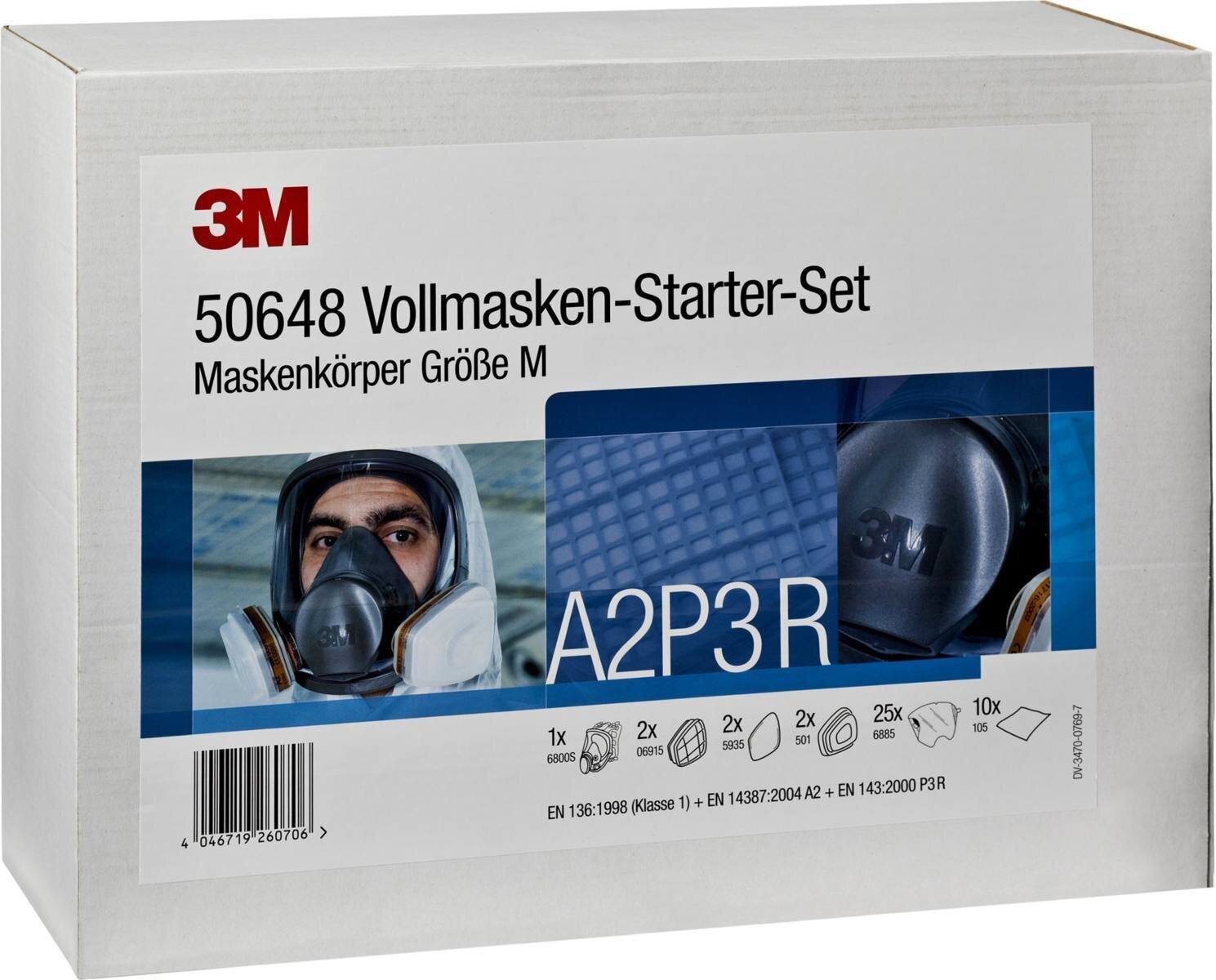 3M 50649 Full face mask starter set, 1x full face mask body 6900 size L, 2x gas/vapor filter 06915 A2*, 2x particle filter 5935 P3R, 2x filter cover 501, 25x visor protection foil 6885, 10x cleaning cloths 105, * corresponds to filter 6055 A2