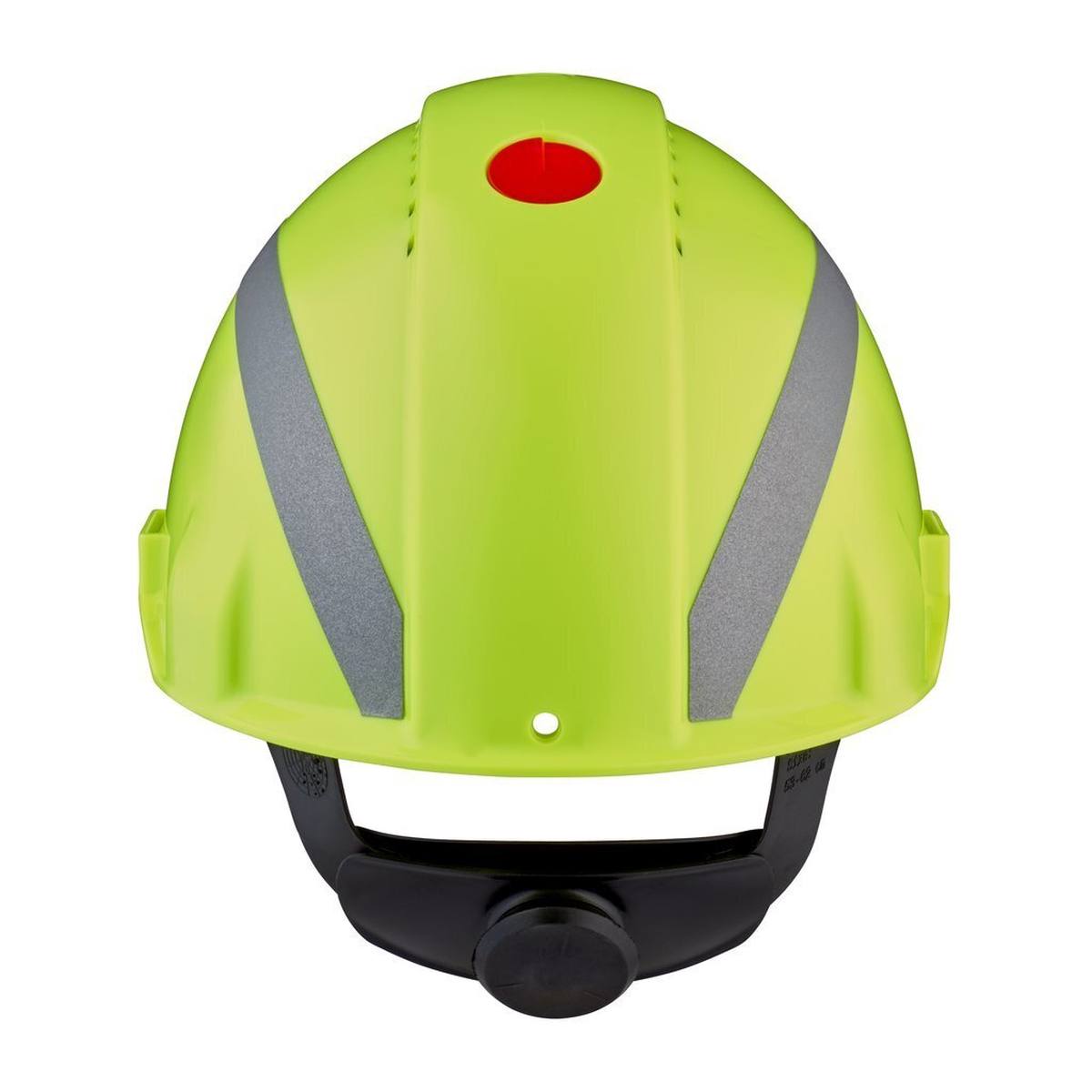 3M G3000 safety helmet with UV indicator, neon green, ABS, ventilated ratchet fastener, plastic sweatband, reflective sticker