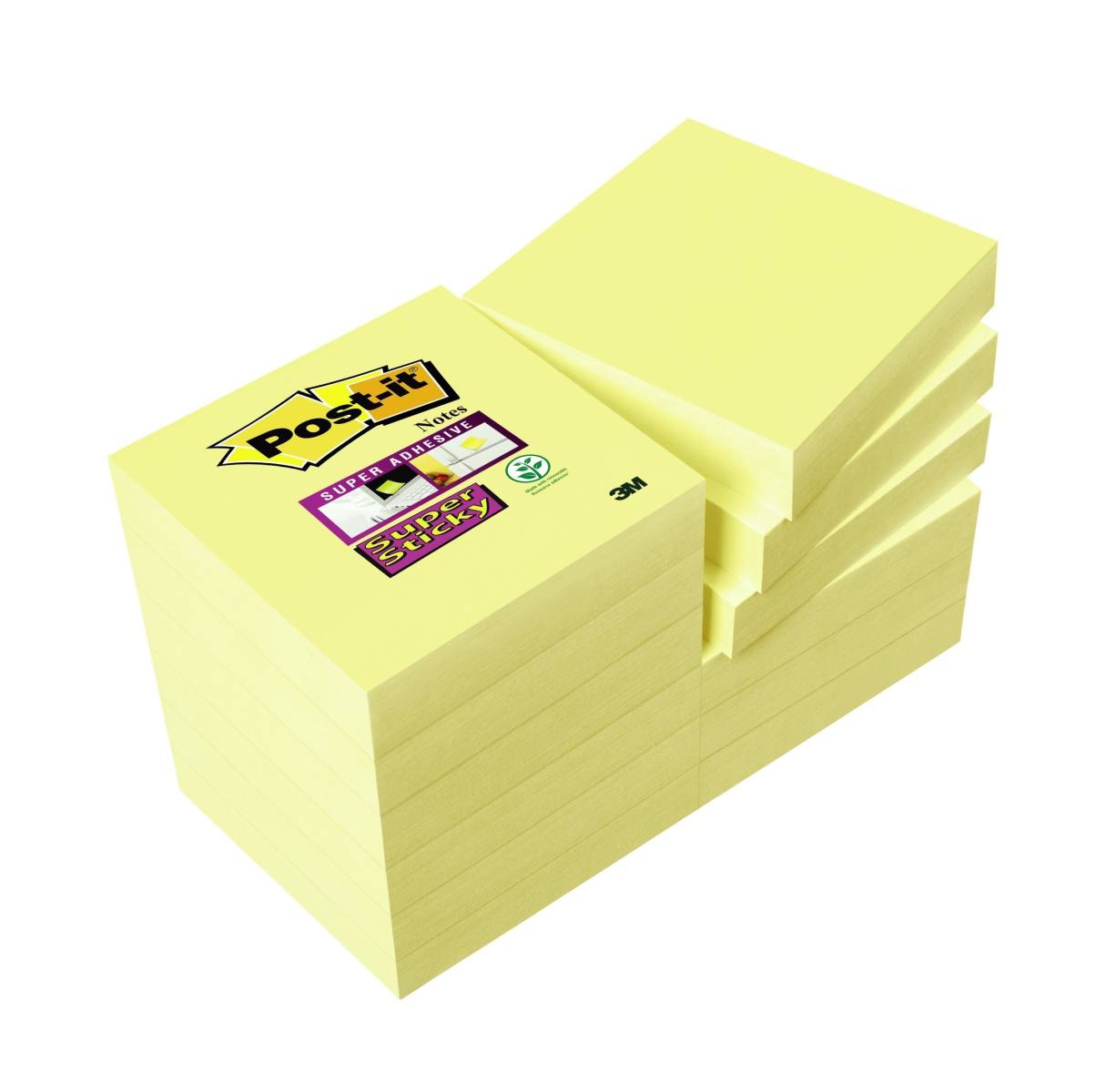 3M Post-it Super Sticky Notes 62212SY, 48 mm x 48 mm, jaune, 12 blocs de 90 feuilles