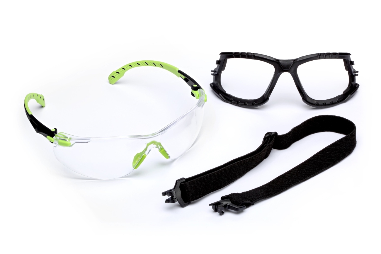 3M Solus 1000 safety spectacles, green/black temples, Scotchgard anti-fog/anti-scratch coating (K&amp;N), clear lens, foam frame and headband, S1201SGAFKT-EU