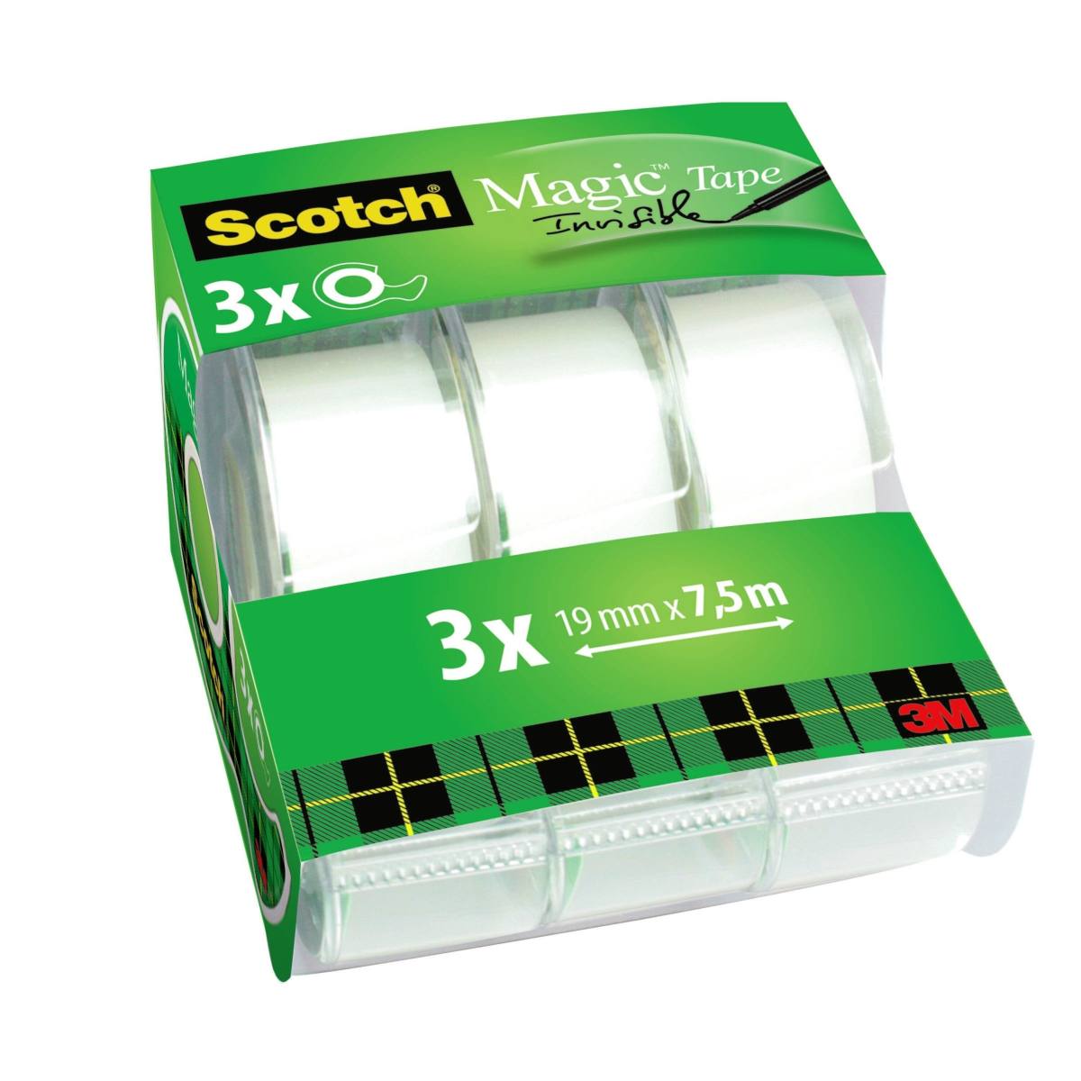 3M Scotch Magic Adhesive Tape Caddy Pack, 3 rolls in hand dispensers 19 mm x 7.5 m