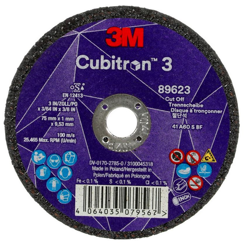 3M Cubitron 3 cut-off wheel, 75 mm, 1 mm, 9.53 mm, 60 , type 41 #89623
