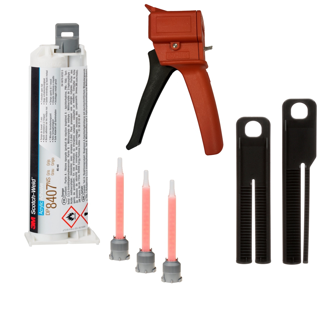 Starter set: 1x 3M Scotch-Weld 2-component construction adhesive EPX System DP8407 NS, grey, 45 ml 1x S-K-S hand tool for EPX 38 to 50 ml cartridges incl. feed piston 2:1 &amp; 10:1, 3x mixing nozzle