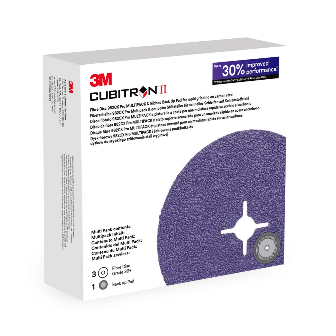 3M Starter Set 3x Cubitron II disque fibre 982CX Pro 125 mm, 22,23 mm, 36 1x 3M disque support haute performance nervuré, rouge, 125 mm, M14, très dur 64861