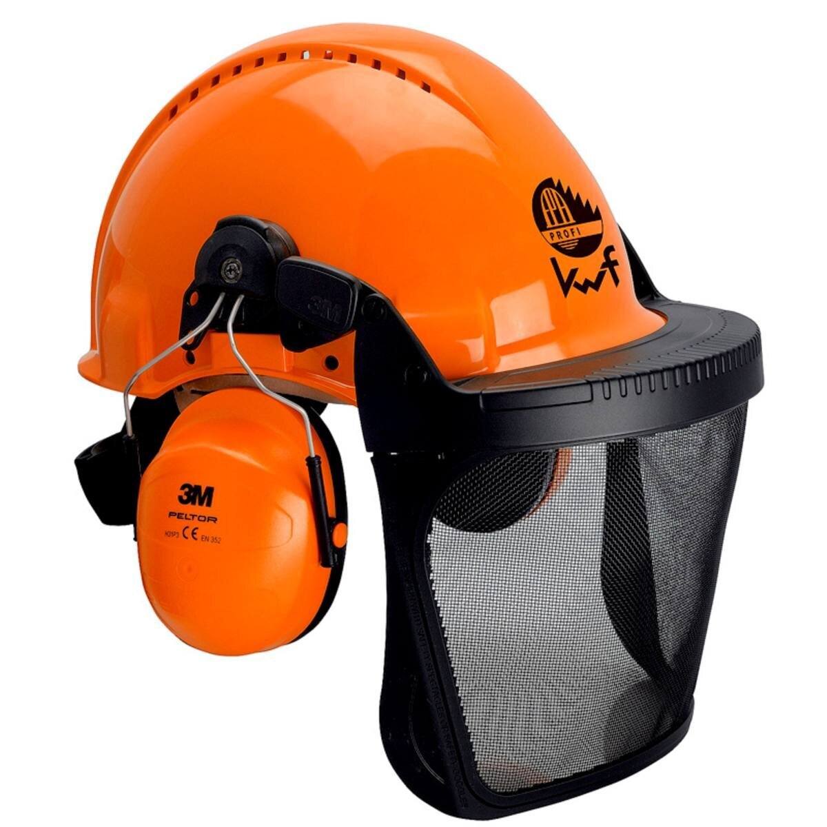 3M G3000 Kopfschutz-Kombination 3MO315B in Orange mit H31P3E Kapseln, Visier 5B Polyamid, Ratschensystem, Leder-Schweißband, KWF-Logo