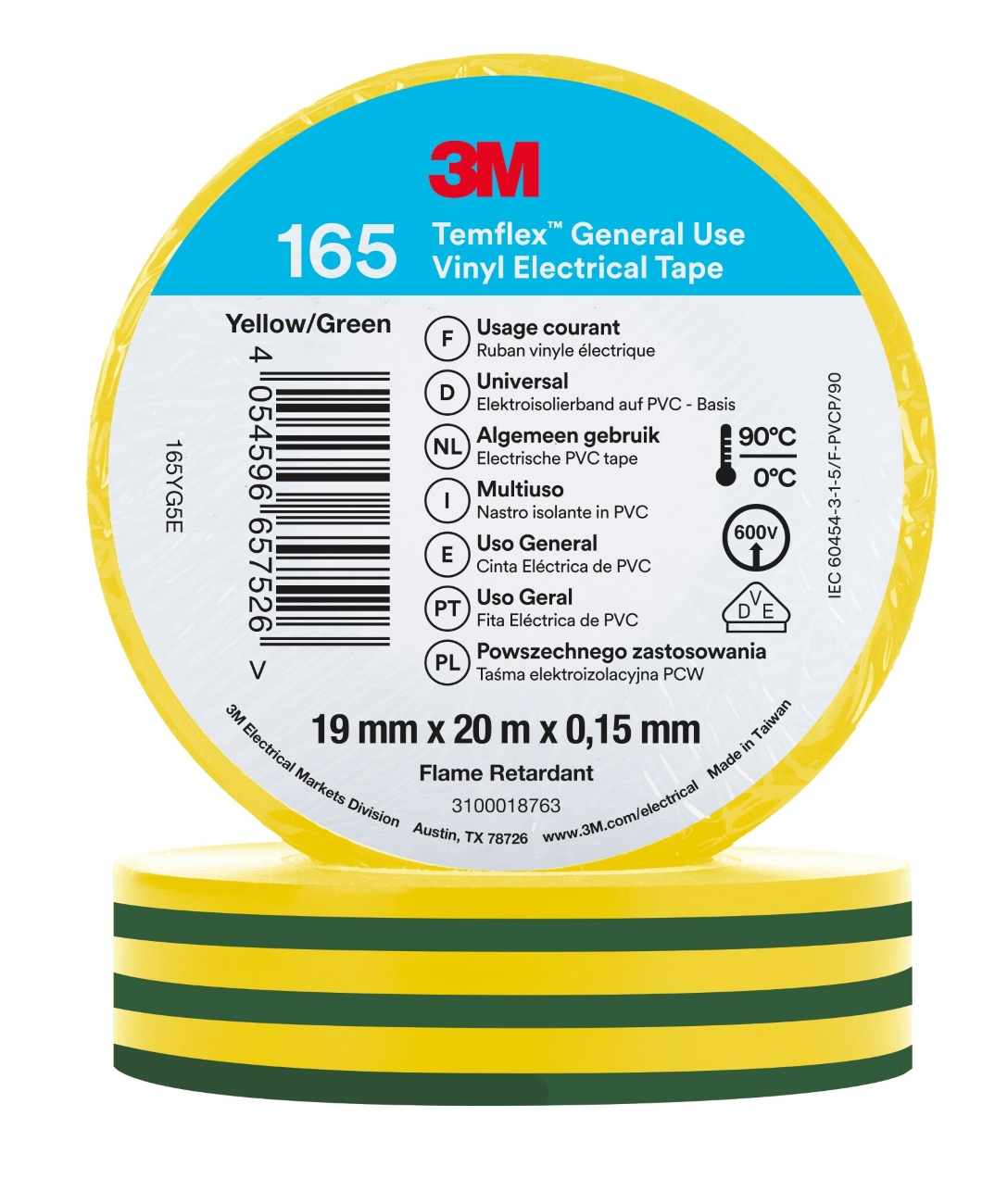 3M Temflex 165 vinyl electrical insulation tape, green/yellow, 19 mm x 20 m, 0.15 mm