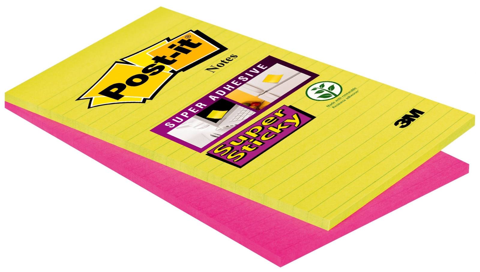 3M Post-it Super Sticky Notes 5845SSEU, 127 mm x 203 mm, neon green, ultrapink, 2 pads of 45 sheets each