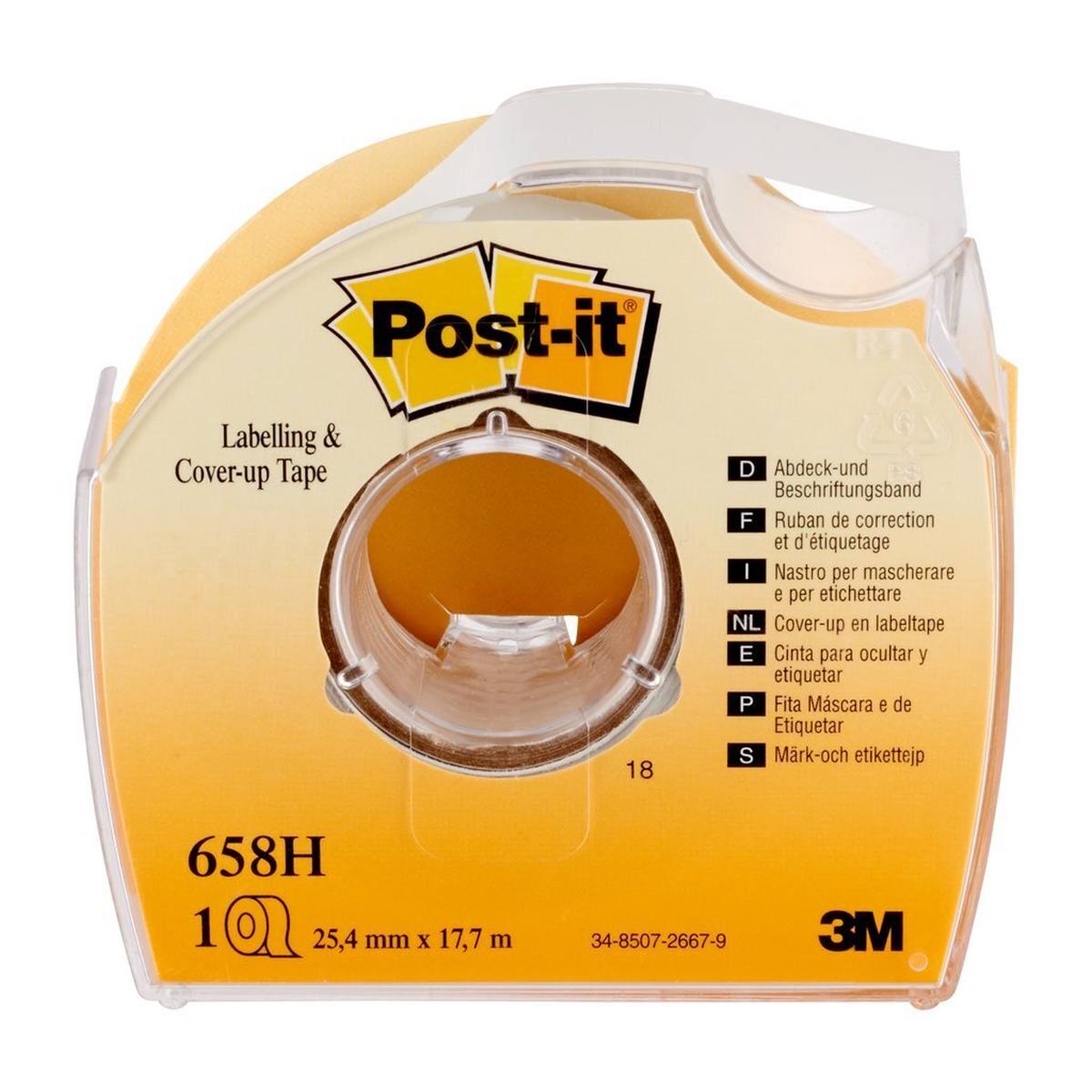 3M Post-it Afplak- en etiketteertape 658H, 25,4 mm x 17,7 m, wit, 1 rol in handdispenser