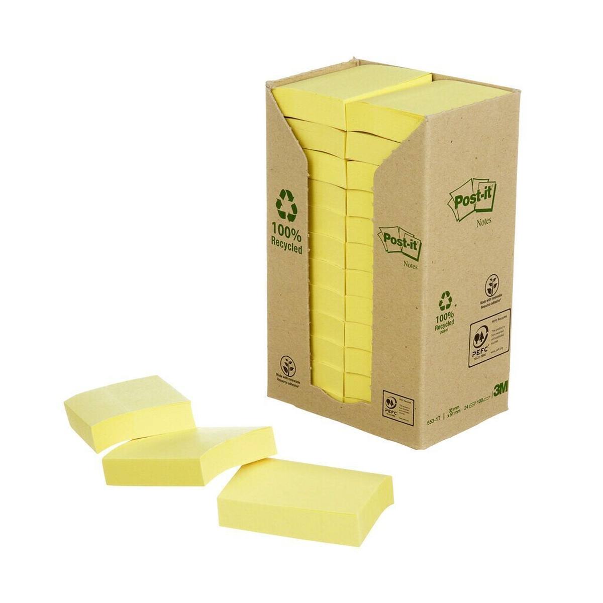 3M Post-it Recycling Notes 653-1T, 51 mm x 38 mm, geel, 24 blokken van elk 100 vellen