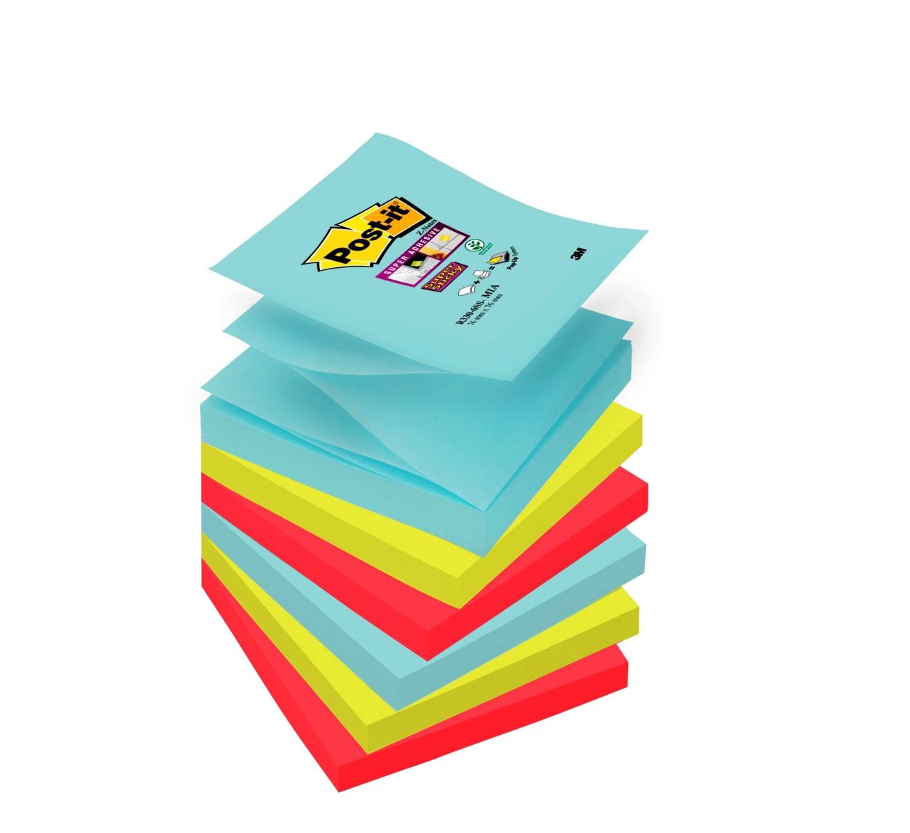 3M Post-it Super Sticky Z-Notes R3306SMI, 76 mm x 76 mm, turquoise, vert fluo, rouge coquelicot, 6 blocs de 90 feuilles