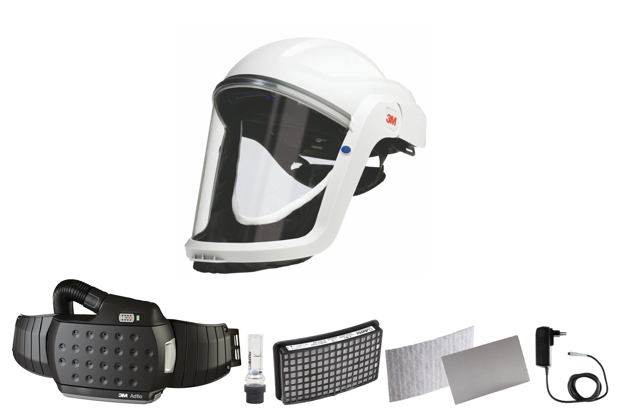 3M Speedglas Versaflo safety helmet M207 with flame-retardant face seal with Adflo blower respirator with QRS air hose, adapter, air flow meter, pre-filter, spark arrester, particle filter, lithium-ion battery and charger #847720