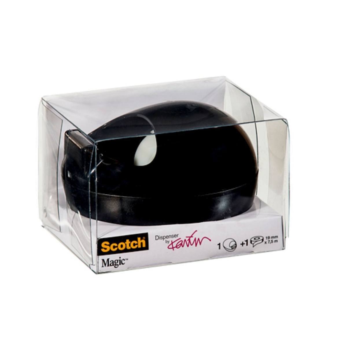 3M Dispensador Scotch de Karim Rashid negro + 1 rollo de cinta adhesiva Scotch Magic 19 mm x 7,5 m