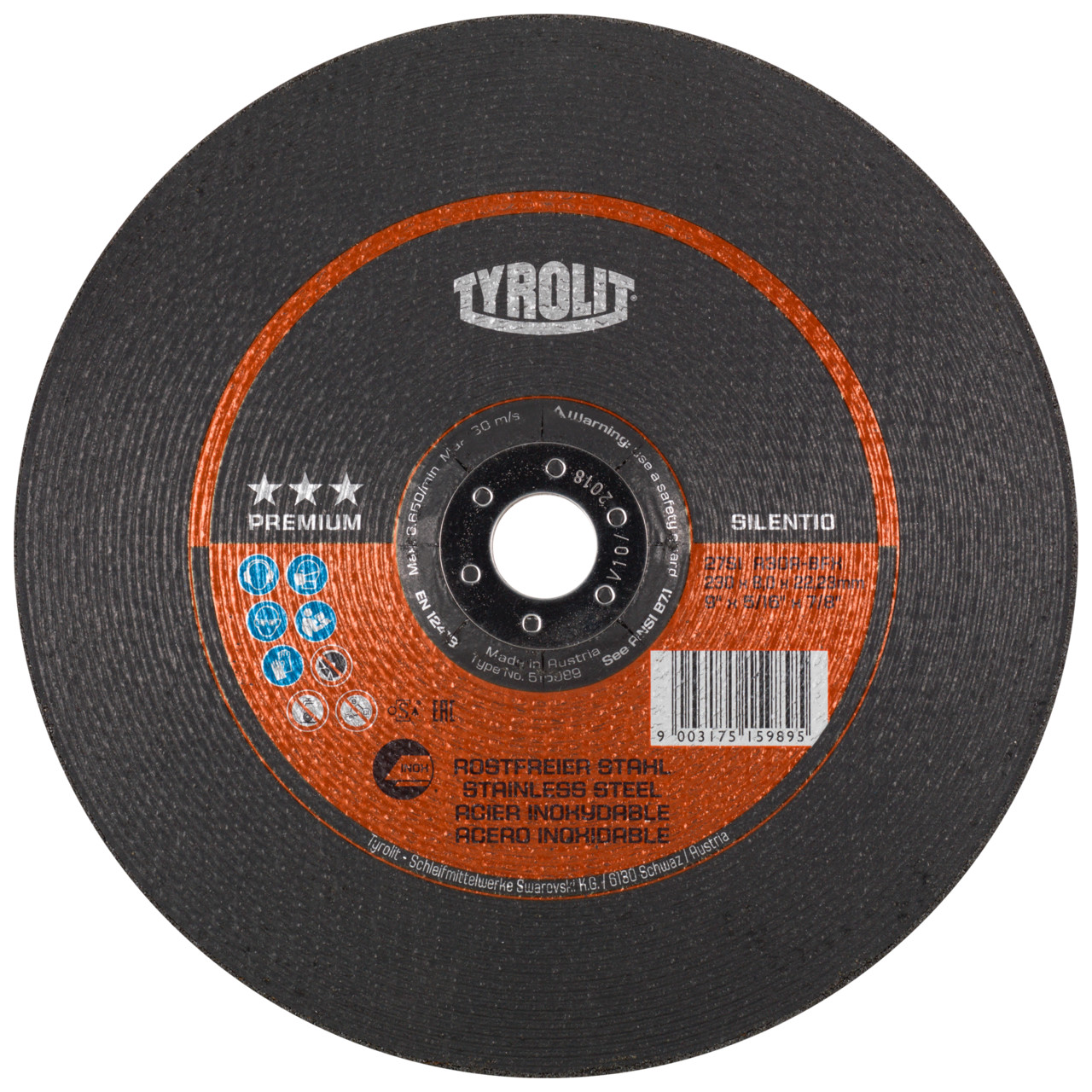 TYROLIT disco de desbaste DxUxH 230x8x22.23 Silentio para acero inoxidable, forma: 27 - versión offset, Art. 515989