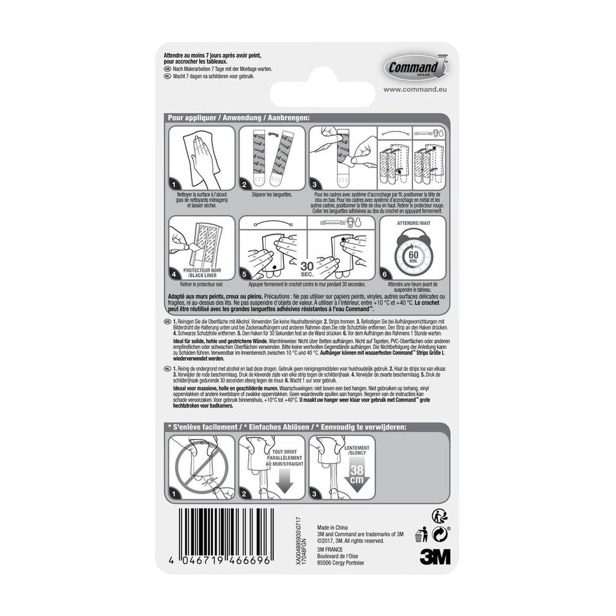 3M Command picture nail L, 1 plastic hook + 2 white Command Strips in size L, up to 2.3 kg load capacity