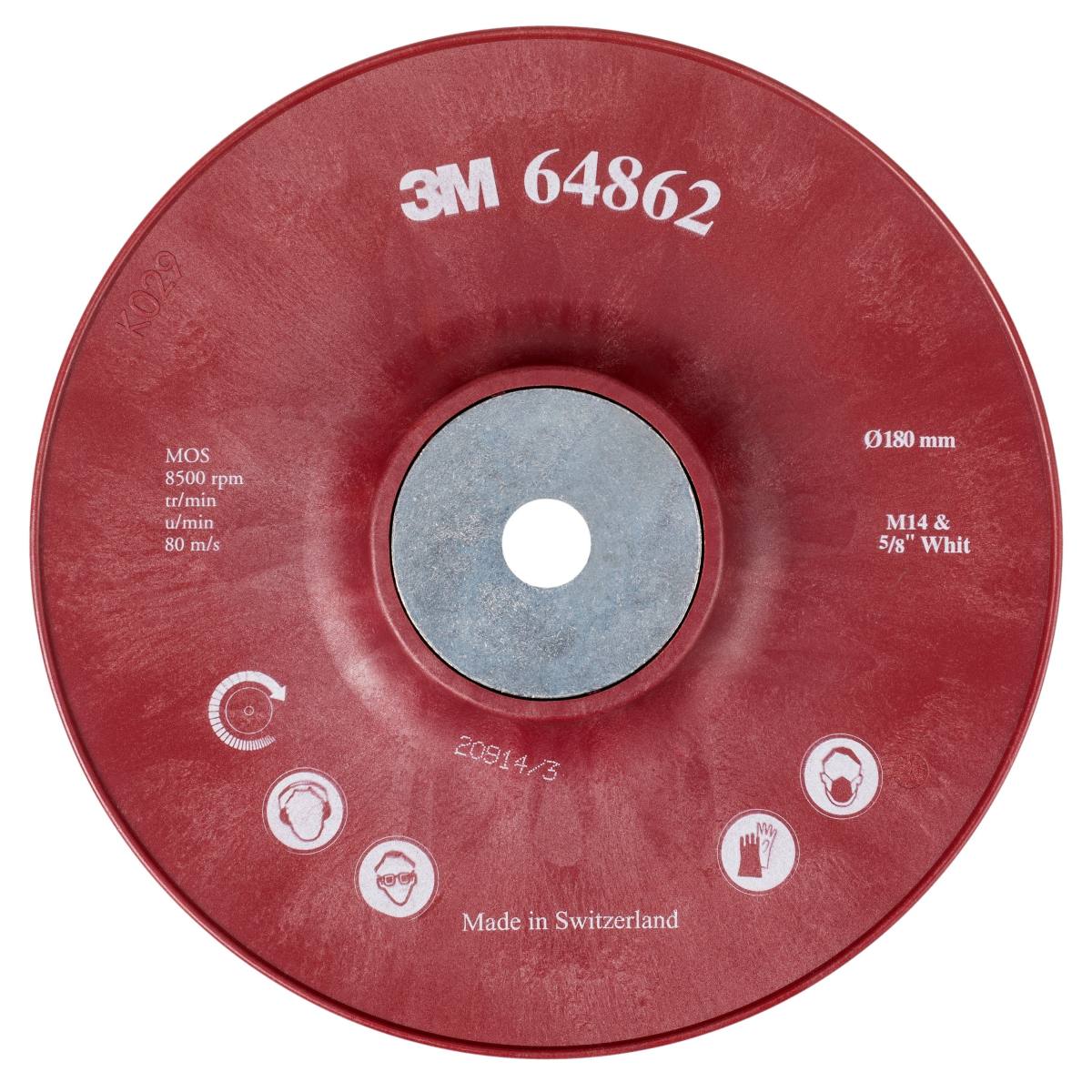 3M Heavy-duty backing pad, red, 180 mm, M14, ribbed, very hard #64862