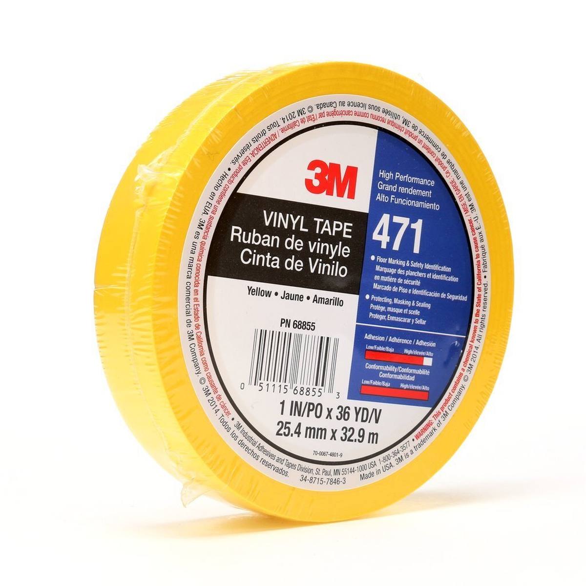 Cinta adhesiva 3M de PVC blando 471 F, amarilla, 25 mm x 33 m, 0,13 mm