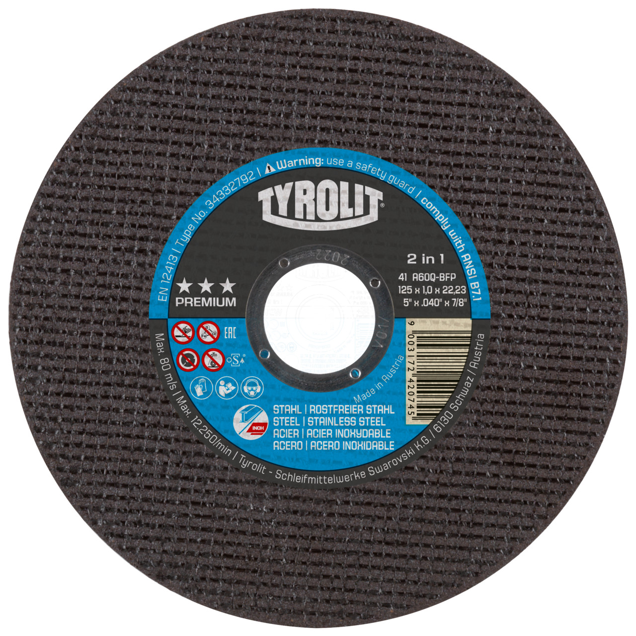 TYROLIT cut-off wheels DxDxH 178x2.5x22.23 2in1 for steel and stainless steel, shape: 41 - straight version, Art. 872341