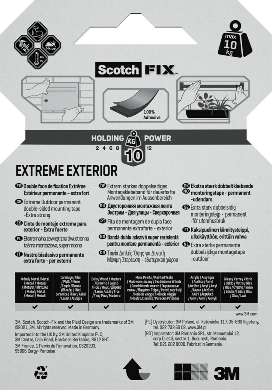 Cinta de montaje exterior 3M Scotch-Fix Extreme, 19 mm x 1,5 m, Soporta hasta 10 kg, 1 kg/15 cm