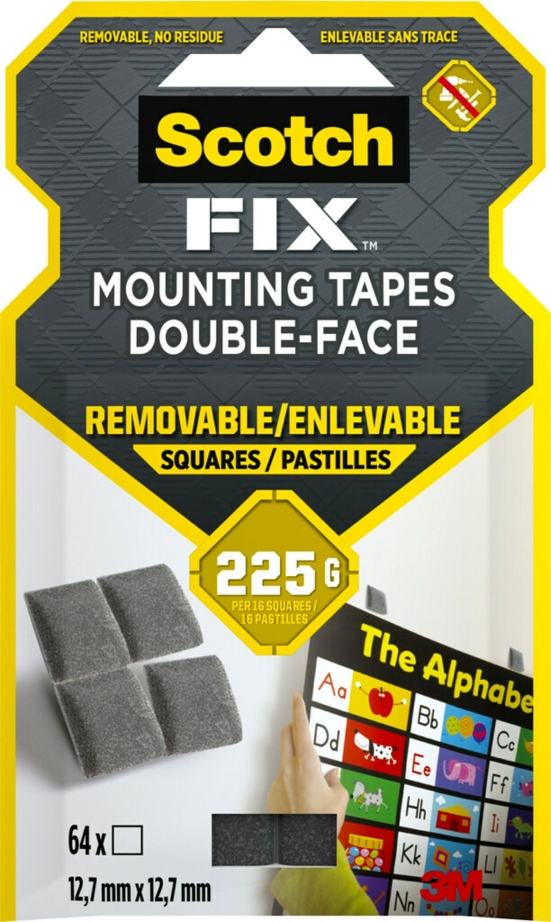 3M Scotch-Fix Removable Mounting Squares 108-ST64-P, 12.7 mm x 12.7 mm, 64 squares/packs, Holds up to 225 g per square