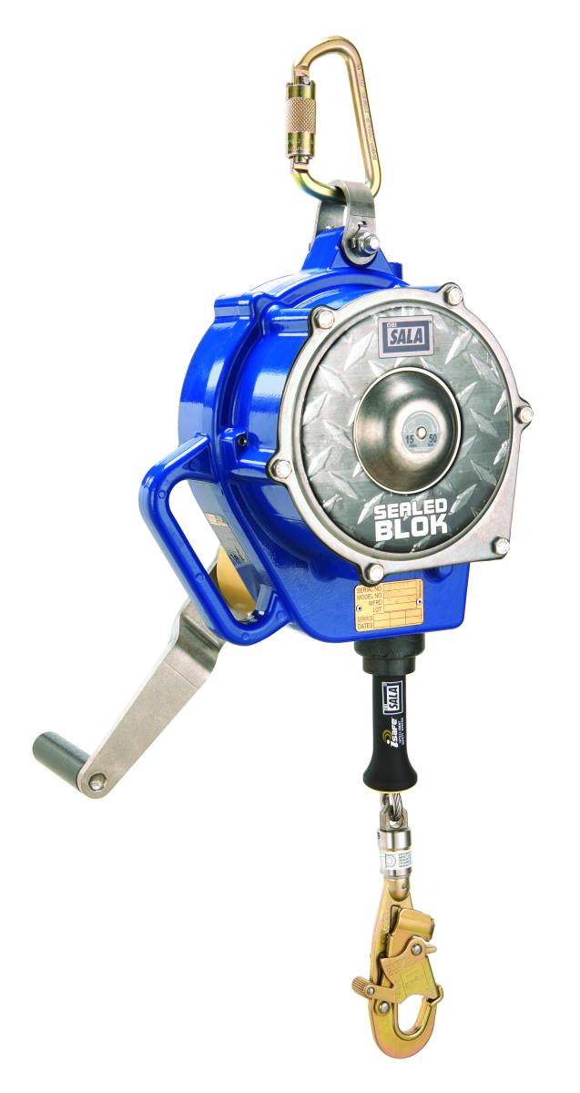 3M DBI-SALA Sealed-Blok Sealed retractable type fall arrester with rescue winch, length: 15 m, aluminium housing, stainless steel cable 5 mm, automatic stainless steel swivel carabiner with fall indicator, opening width 18 mm, RFID tag for inspection