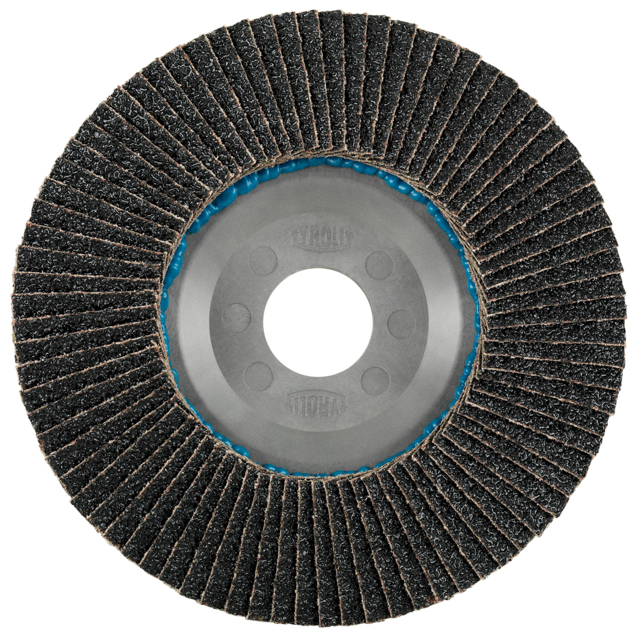 Tyrolit Rondelle éventail DxH 115x22,23 LONGLIFE C-TRIM pour acier et inox, P120, forme : 28N - version droite (corps de support en plastique), art. 34239194