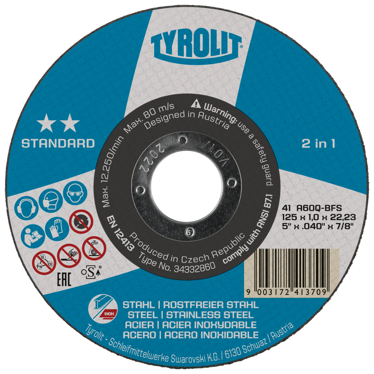 Tyrolit Cutting discs DxDxH 125x1.0x22.23 2in1 for steel and stainless steel, shape: 41 - straight version, Art. 34332860